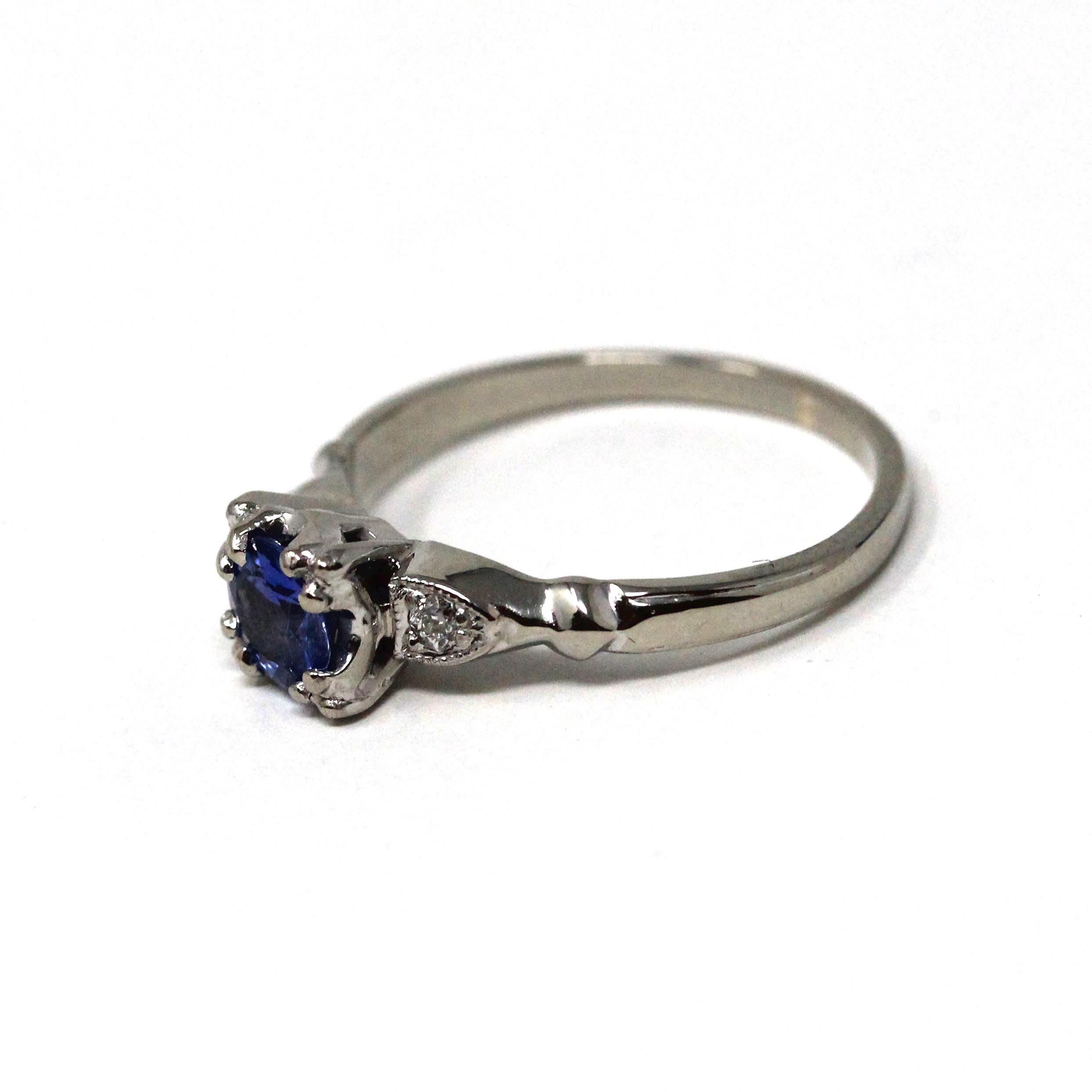 Mid Century Sapphire Ring - Vintage 14k White Gold Platinum Natural Light Blue Diamond Engagement - Circa 1950s Era Size 5 1/2 Fine Jewelry