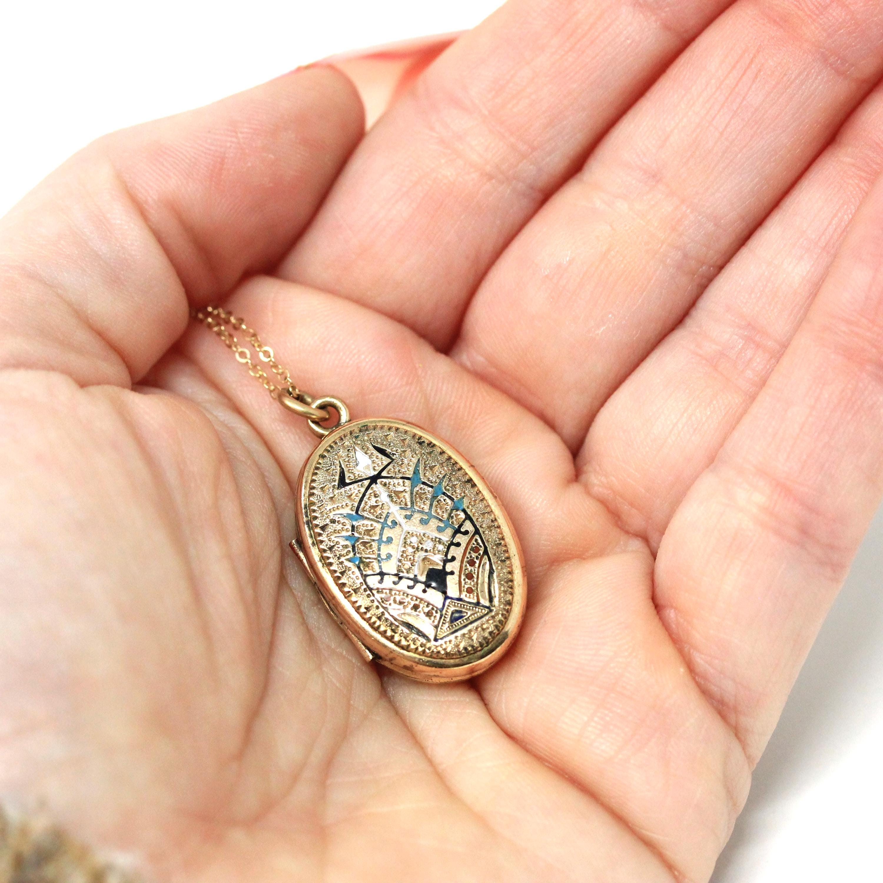 Victorian Enamel Locket - Antique Gold Filled Oval Black White Turquoise Flower Pendant Necklace - Vintage Circa 1890s Photo Fine Jewelry