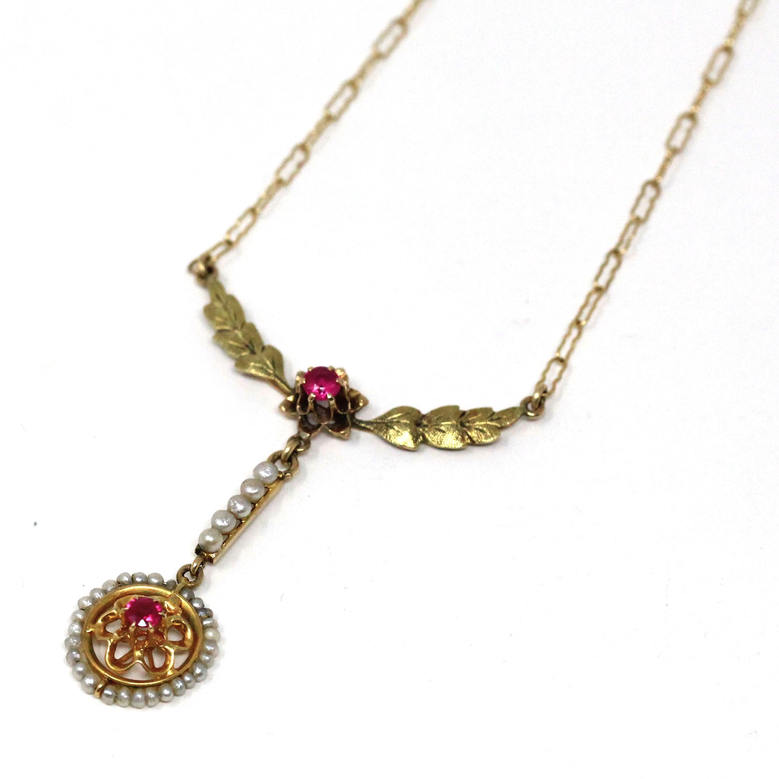 Antique Lavalier Necklace - Edwardian 10k Yellow Gold Created Ruby Seed Pearl Pendant Charm - Circa 1910s Floral Leaf Flower Fine Jewelry
