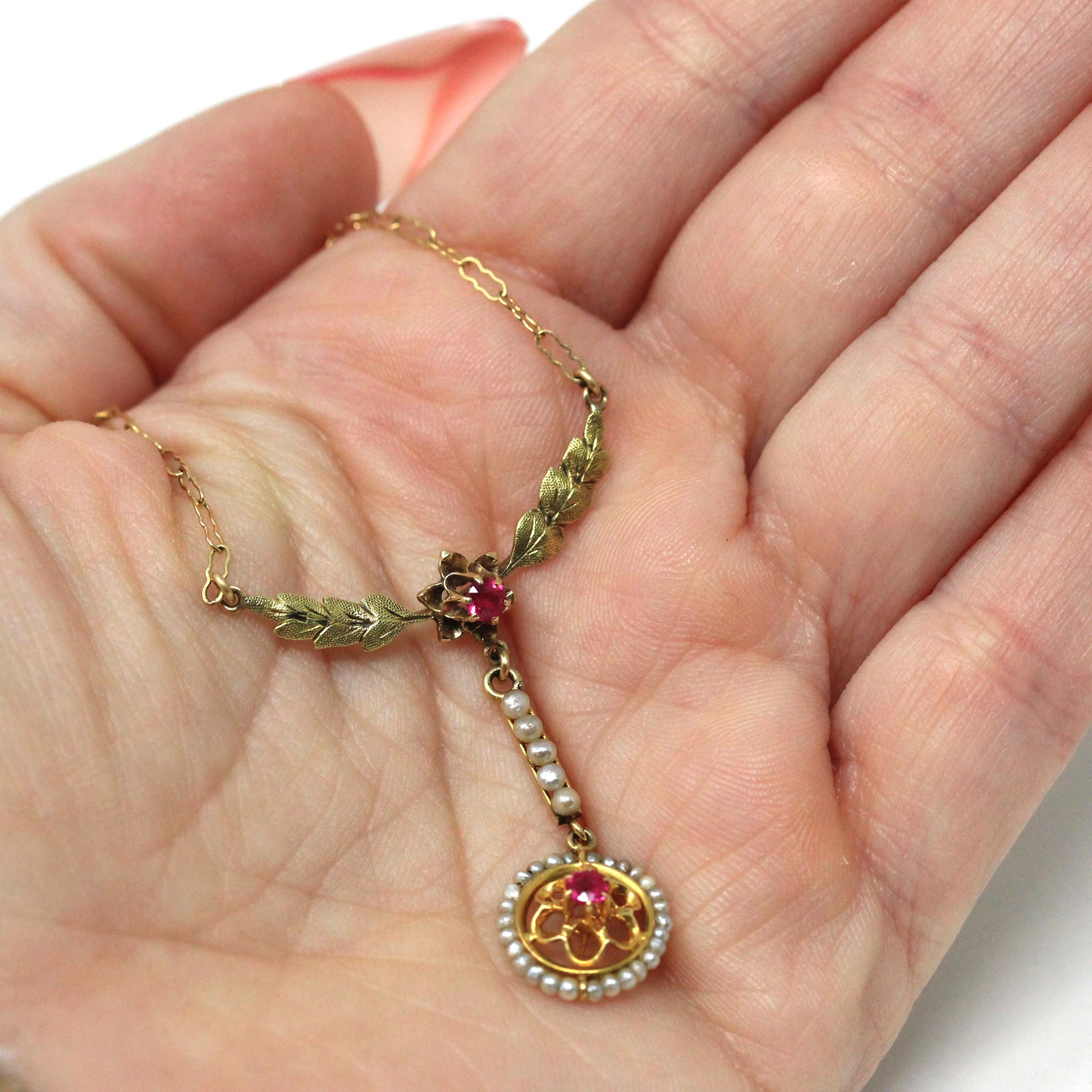 Antique Lavalier Necklace - Edwardian 10k Yellow Gold Created Ruby Seed Pearl Pendant Charm - Circa 1910s Floral Leaf Flower Fine Jewelry