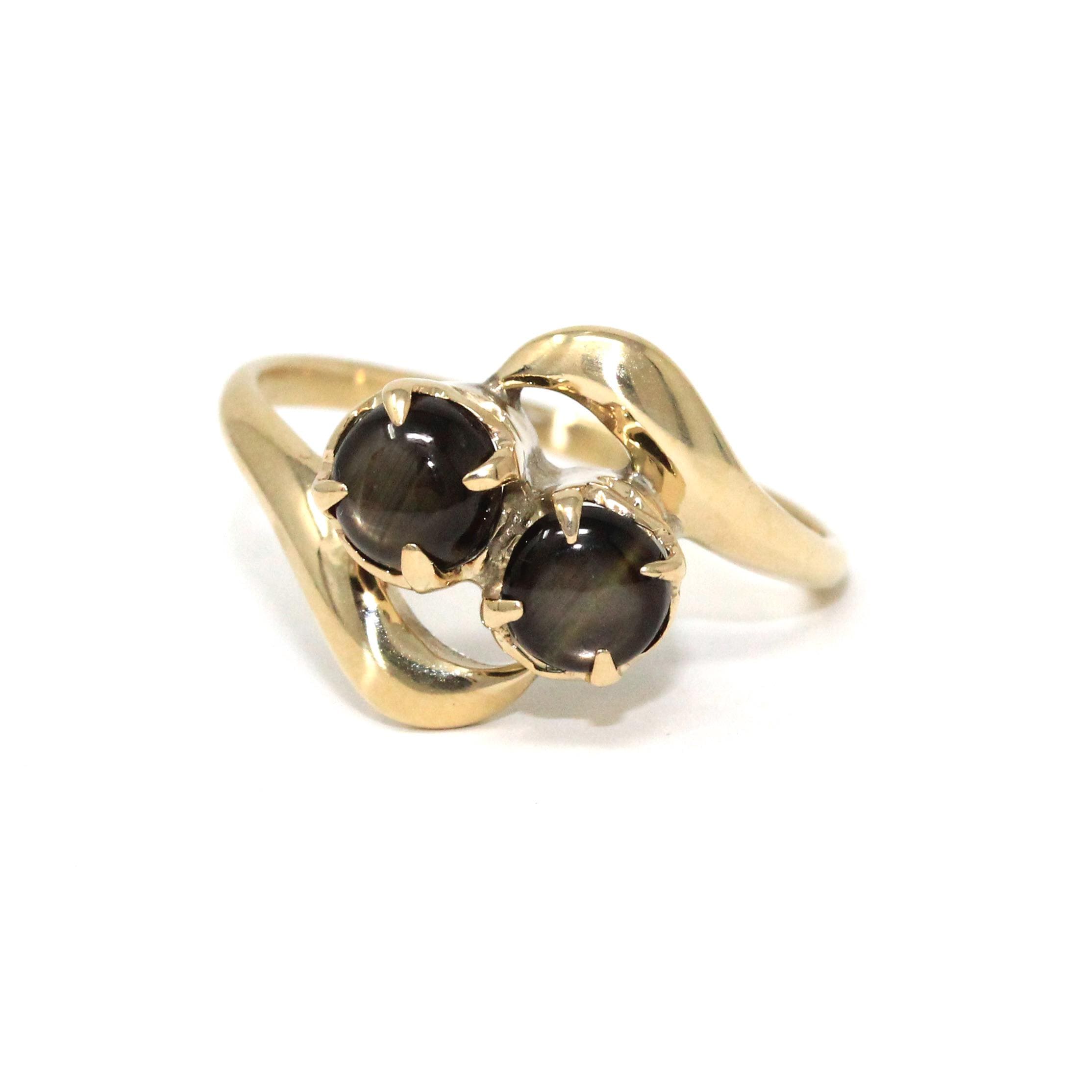 Black Star Sapphire Ring - Retro 10k Yellow Gold Toi Et Moi Gemstones - Vintage Circa 1970s Era Size 6.75 Bypass Style Fine Corundum Jewelry