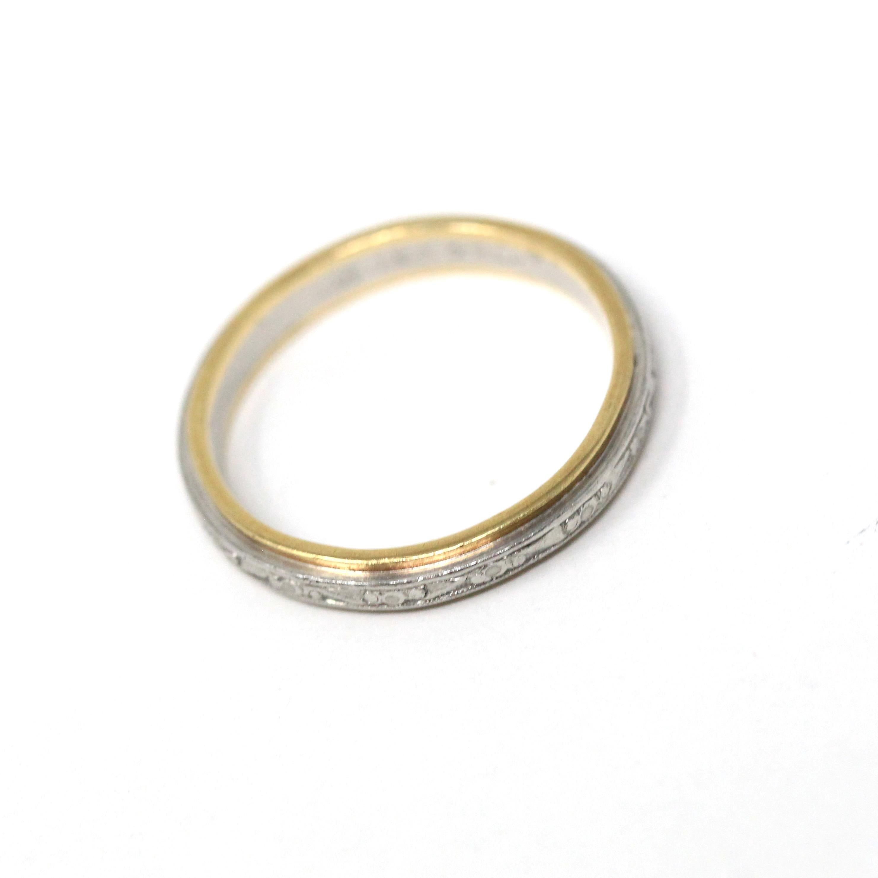Vintage Two Tone Band - Retro 18k Yellow Gold & Platinum Engraved Floral Designs - Dated 1963 Size 5 1/2 Wedding Unisex Fine Bridal Jewelry