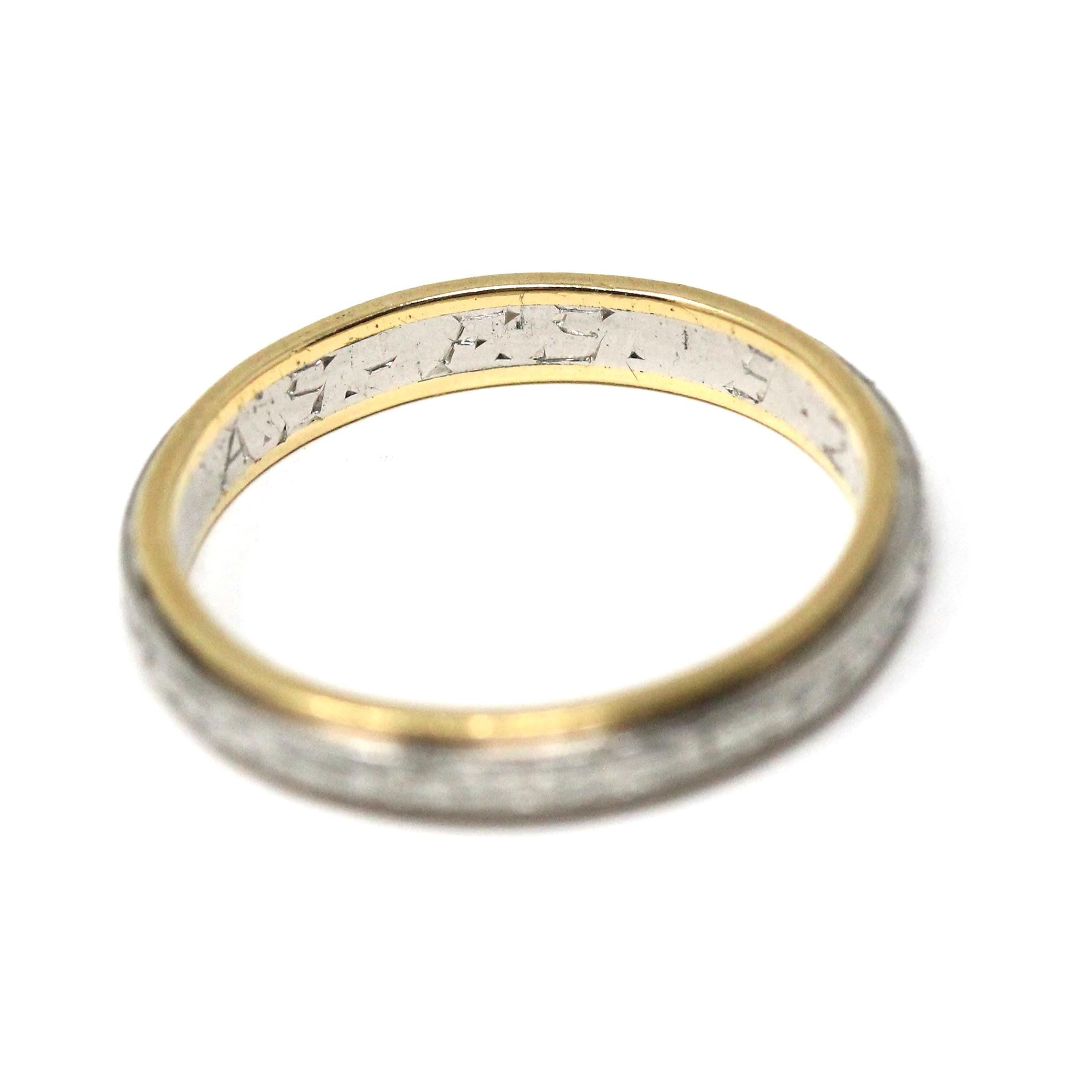 Vintage Two Tone Band - Retro 18k Yellow Gold & Platinum Engraved Floral Designs - Dated 1963 Size 5 1/2 Wedding Unisex Fine Bridal Jewelry