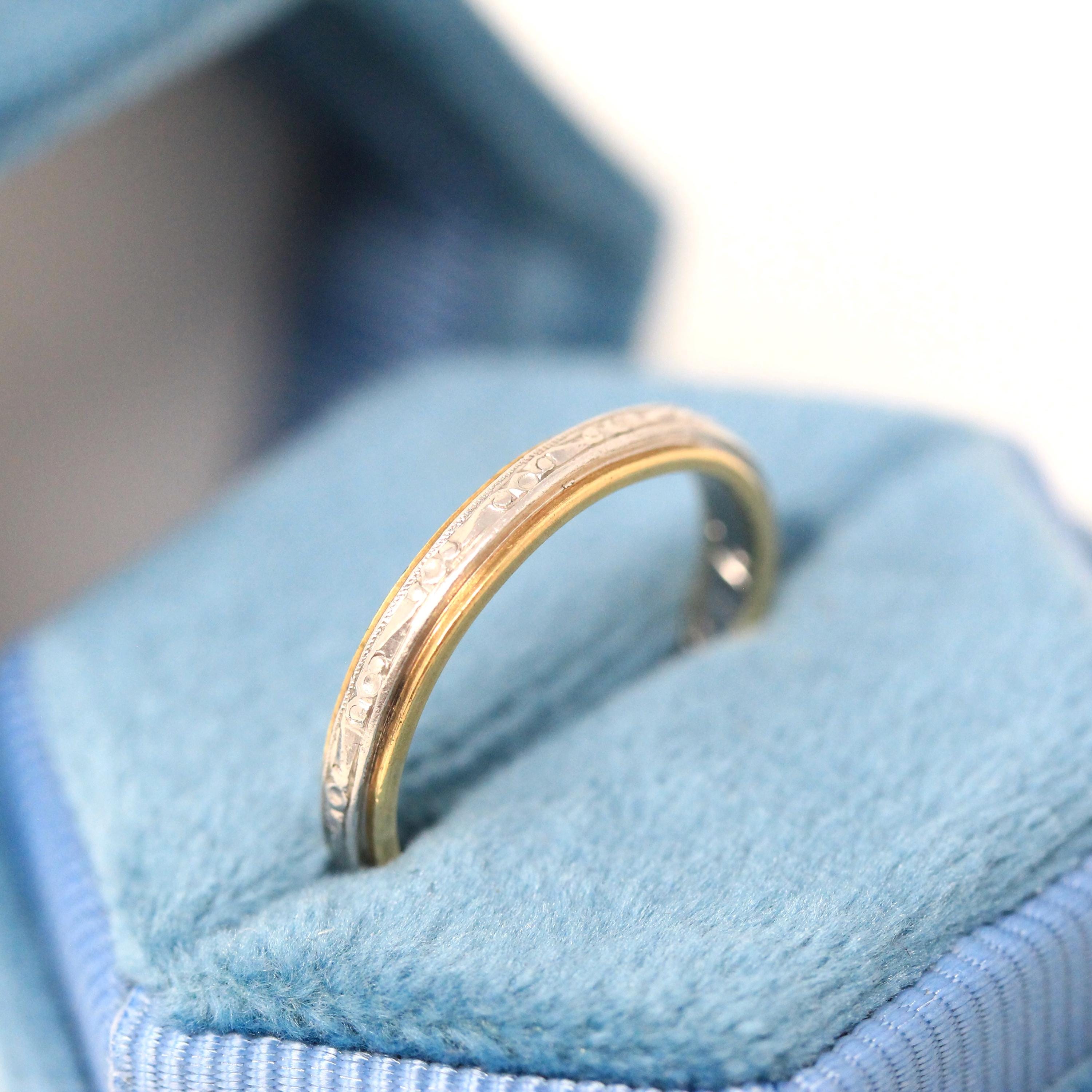 Vintage Two Tone Band - Retro 18k Yellow Gold & Platinum Engraved Floral Designs - Dated 1963 Size 5 1/2 Wedding Unisex Fine Bridal Jewelry