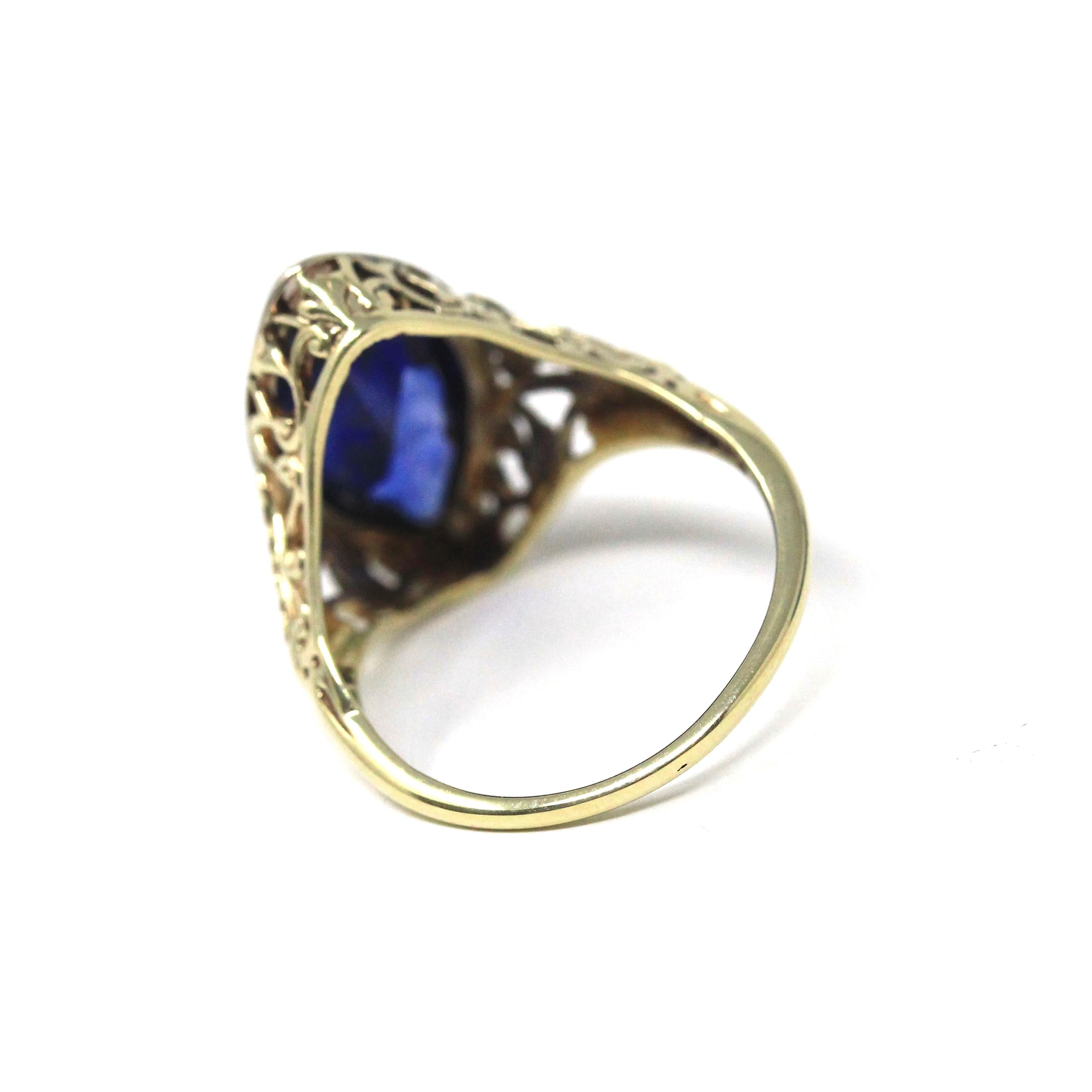 Art Deco Marquise Ring - Vintage 14k White & Yellow Gold Created Blue Sapphire Navette Solitaire - Circa 1930s Size 5 Fine Filigree Jewelry