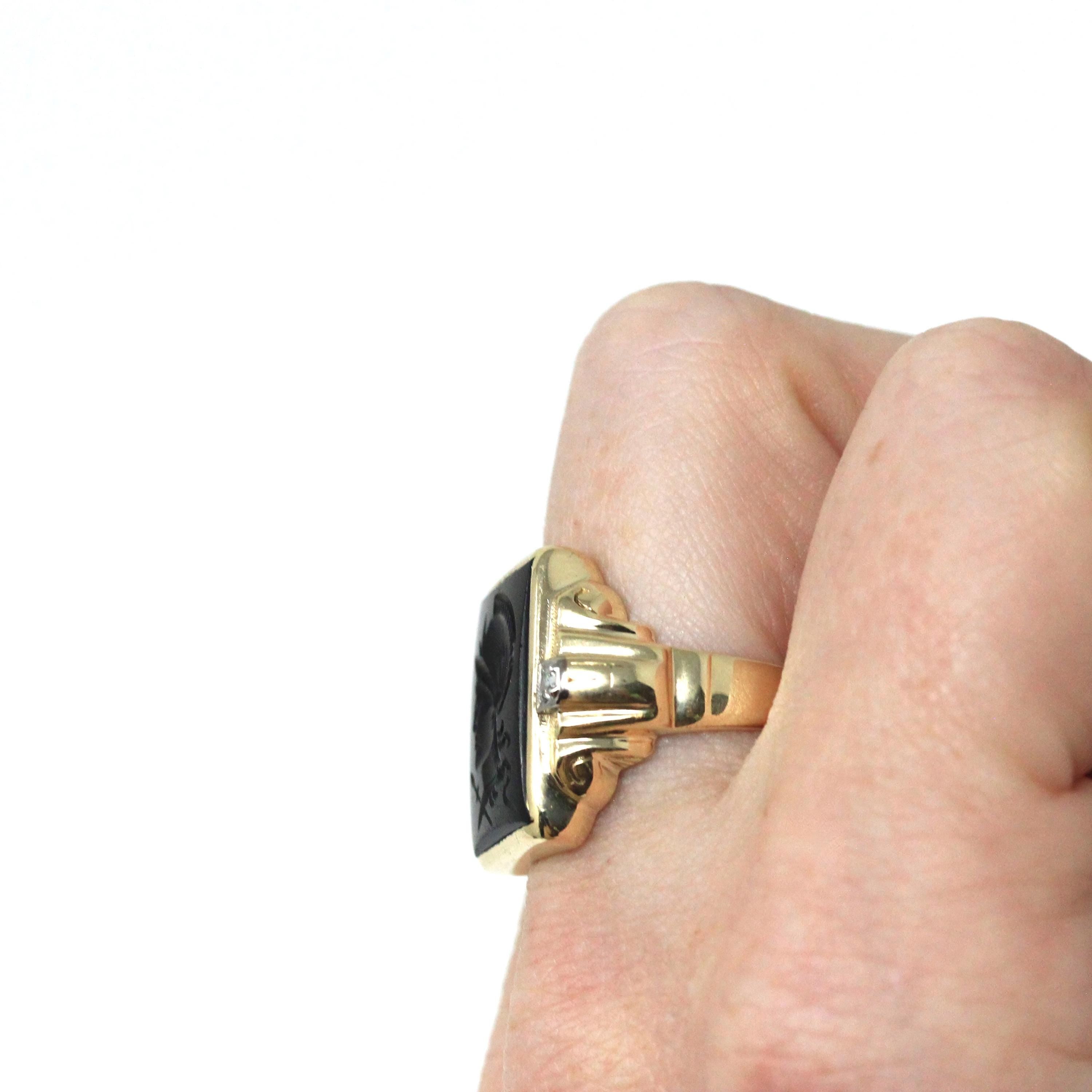 Vintage Warrior Intaglio Ring - Mid Century 10k Gold Carved Black Chalcedony Natural Diamonds - Circa 1940s Size 7 1/2 Unisex Fine Jewelry