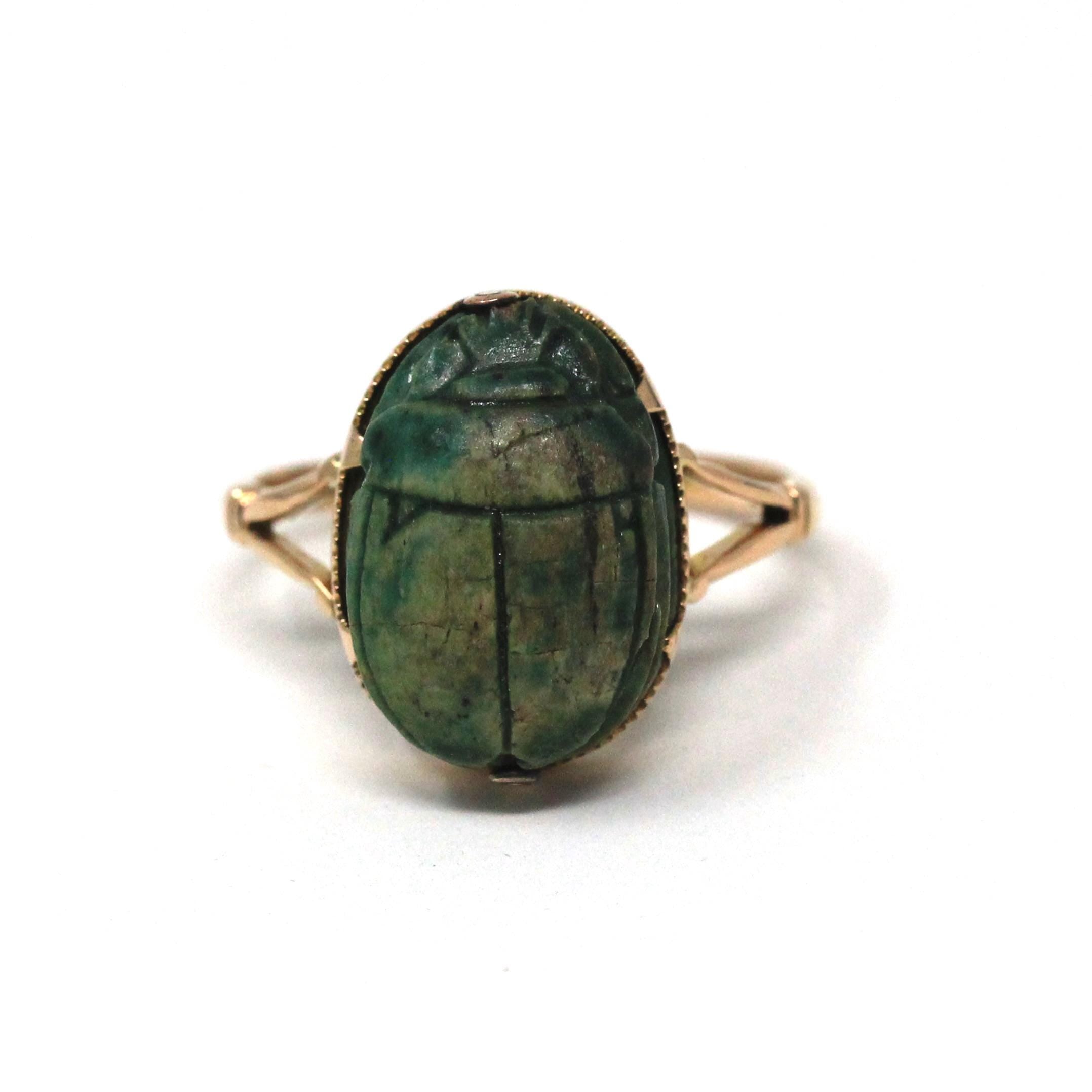 Antique Scarab Ring - Edwardian 15CT Yellow Gold Egyptian Carved Green Faience - Circa 1900s Era Size 8 3/4 Beetle Fine Statement Jewelry