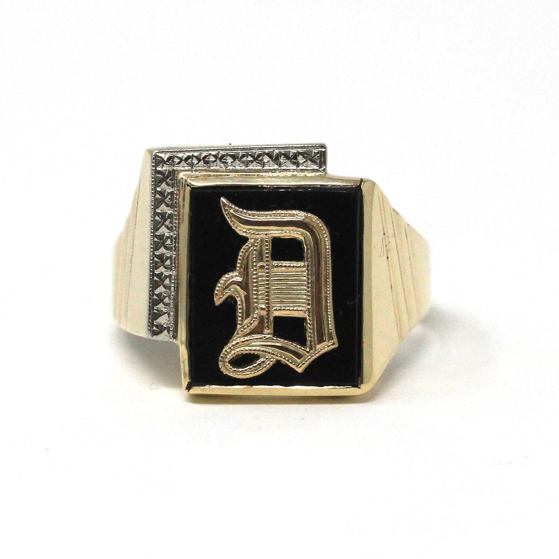 Letter "D" Onyx Ring - Mid Century 10k Yellow & White Gold Black Chalcedony Signet - Vintage 1950s Era Size 11 Men's Unisex Fine Jewelry