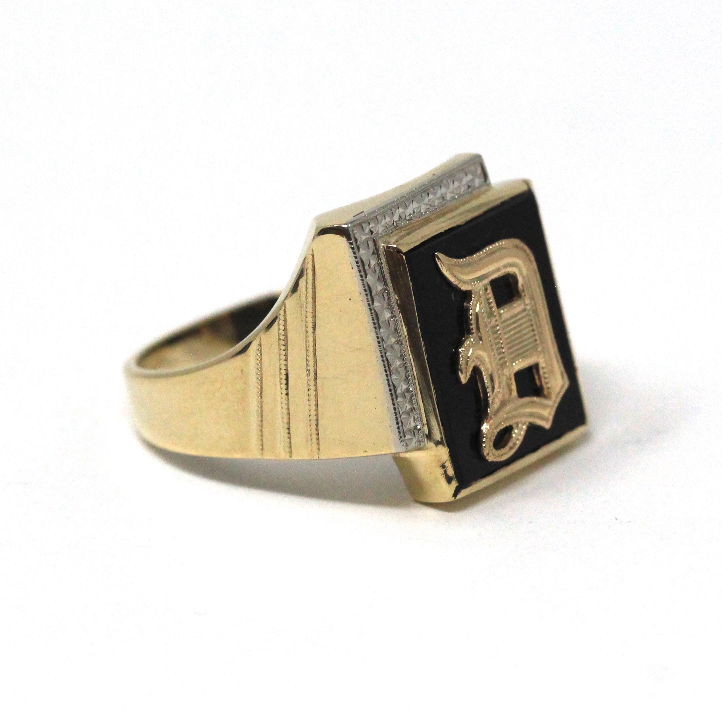 Letter "D" Onyx Ring - Mid Century 10k Yellow & White Gold Black Chalcedony Signet - Vintage 1950s Era Size 11 Men's Unisex Fine Jewelry
