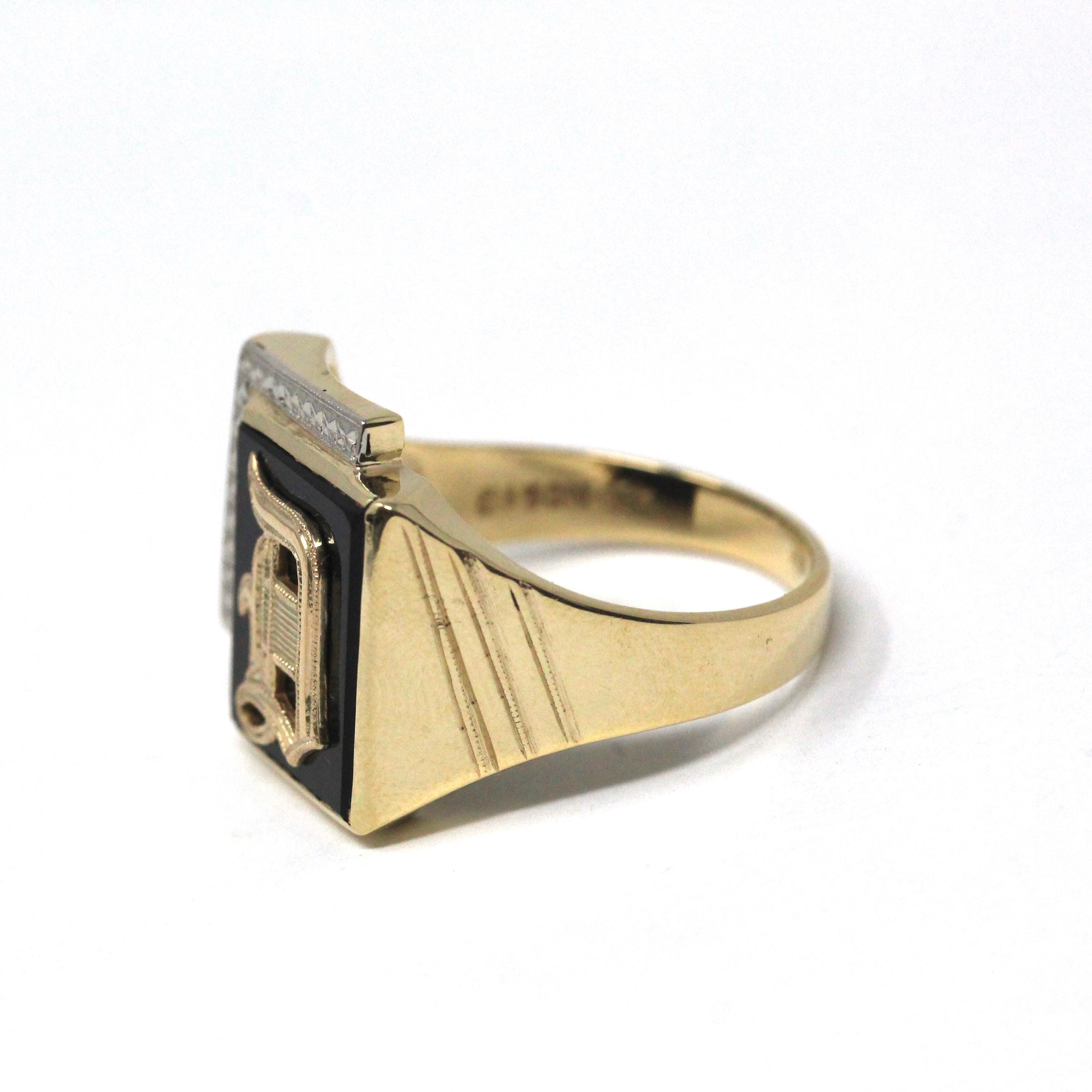 Letter "D" Onyx Ring - Mid Century 10k Yellow & White Gold Black Chalcedony Signet - Vintage 1950s Era Size 11 Men's Unisex Fine Jewelry