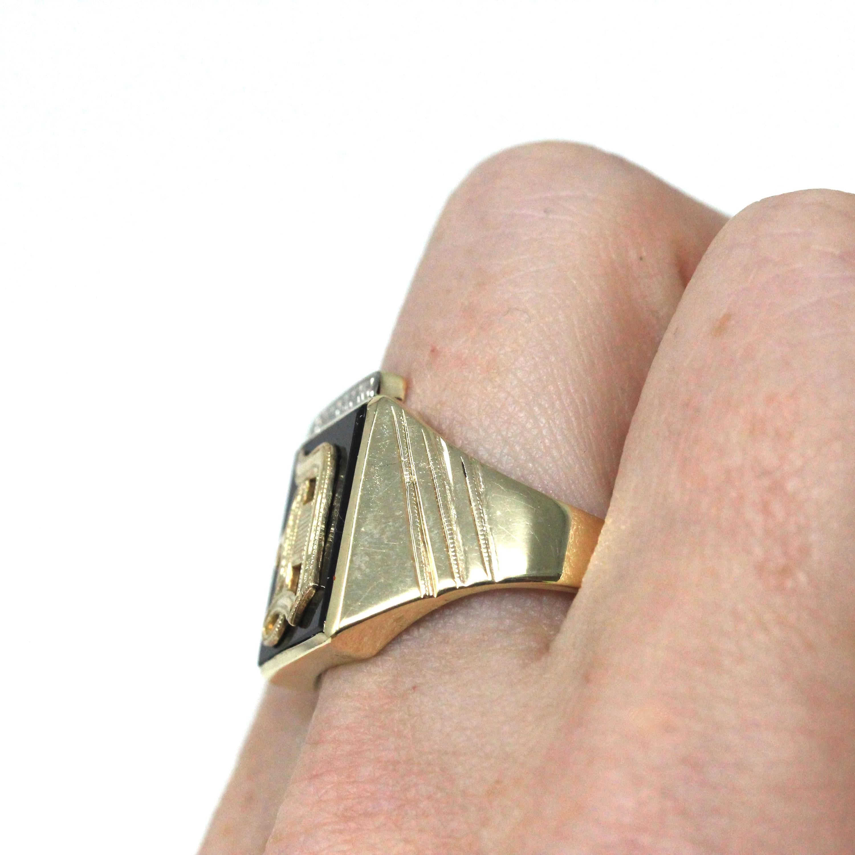 Letter "D" Onyx Ring - Mid Century 10k Yellow & White Gold Black Chalcedony Signet - Vintage 1950s Era Size 11 Men's Unisex Fine Jewelry