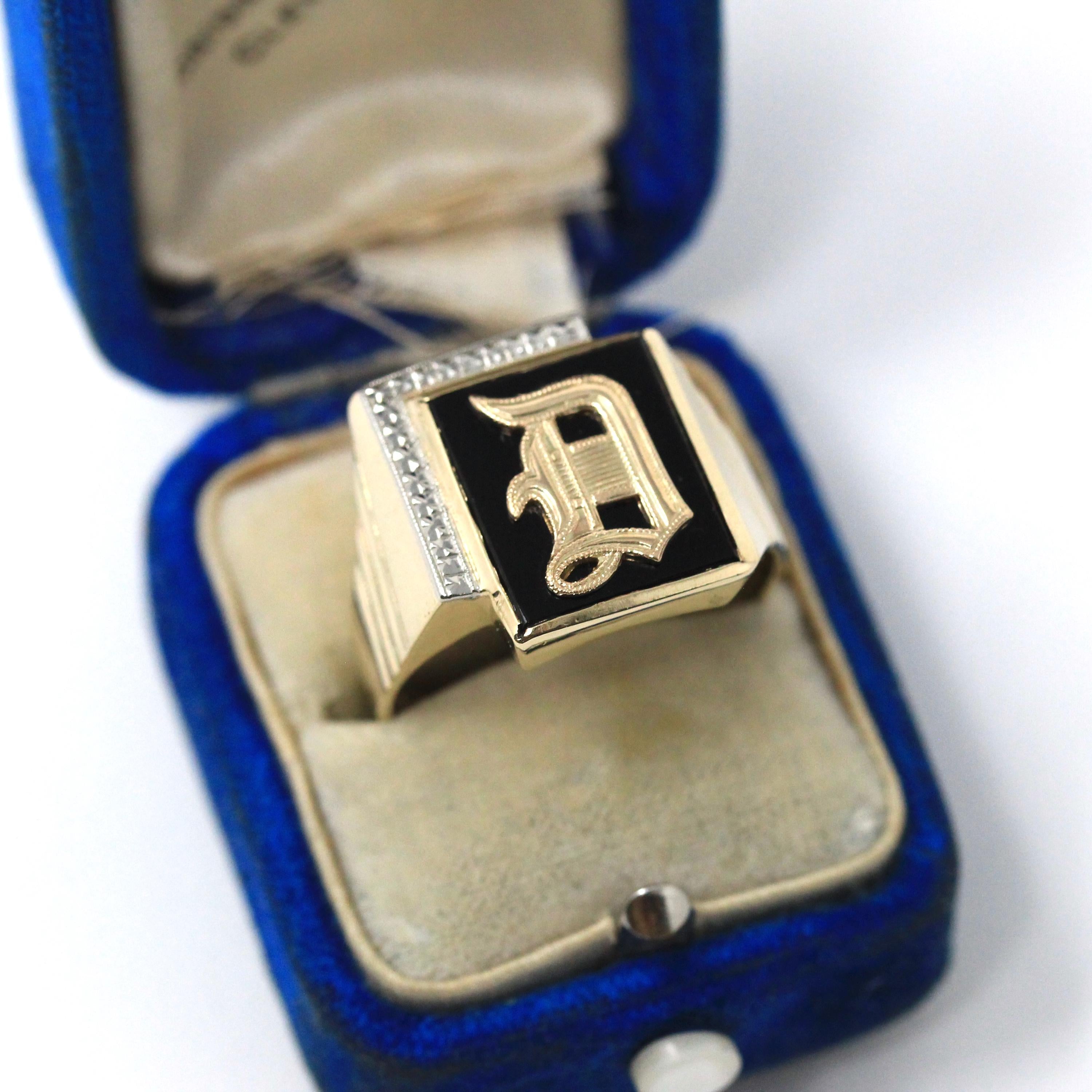 Letter "D" Onyx Ring - Mid Century 10k Yellow & White Gold Black Chalcedony Signet - Vintage 1950s Era Size 11 Men's Unisex Fine Jewelry