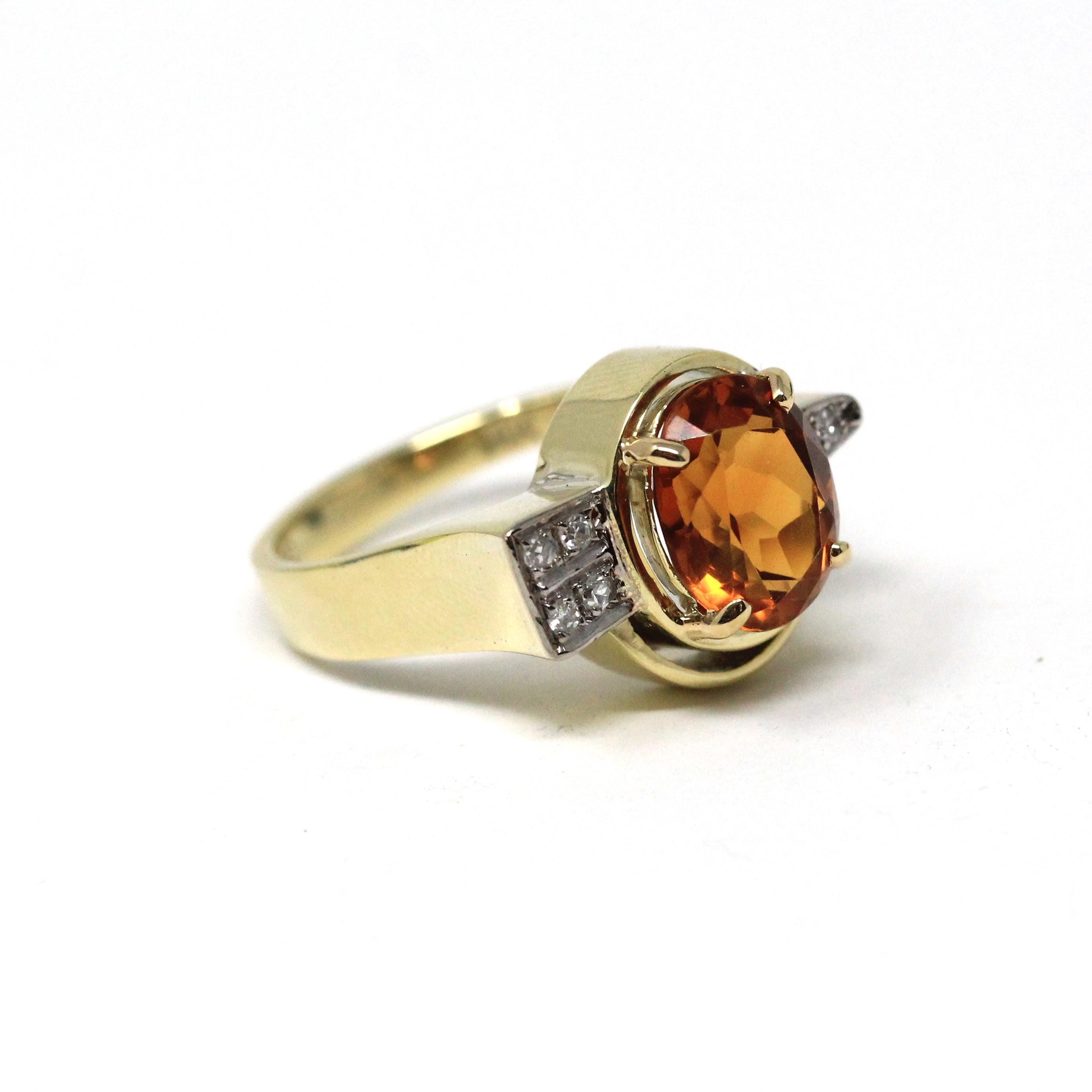 Citrine & Diamond Ring - Retro 14k Yellow And White Gold 2.80 CT Orange Gemstone - Vintage Circa 1960's Size 7 3/4 Fine Statement Jewelry