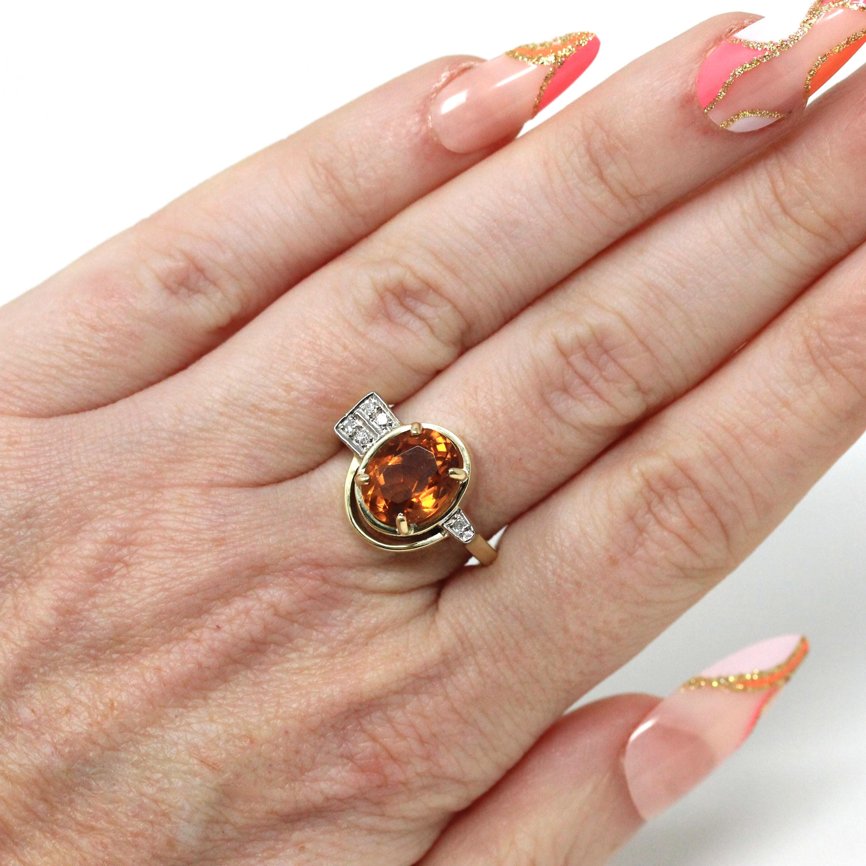 Citrine & Diamond Ring - Retro 14k Yellow And White Gold 2.80 CT Orange Gemstone - Vintage Circa 1960's Size 7 3/4 Fine Statement Jewelry