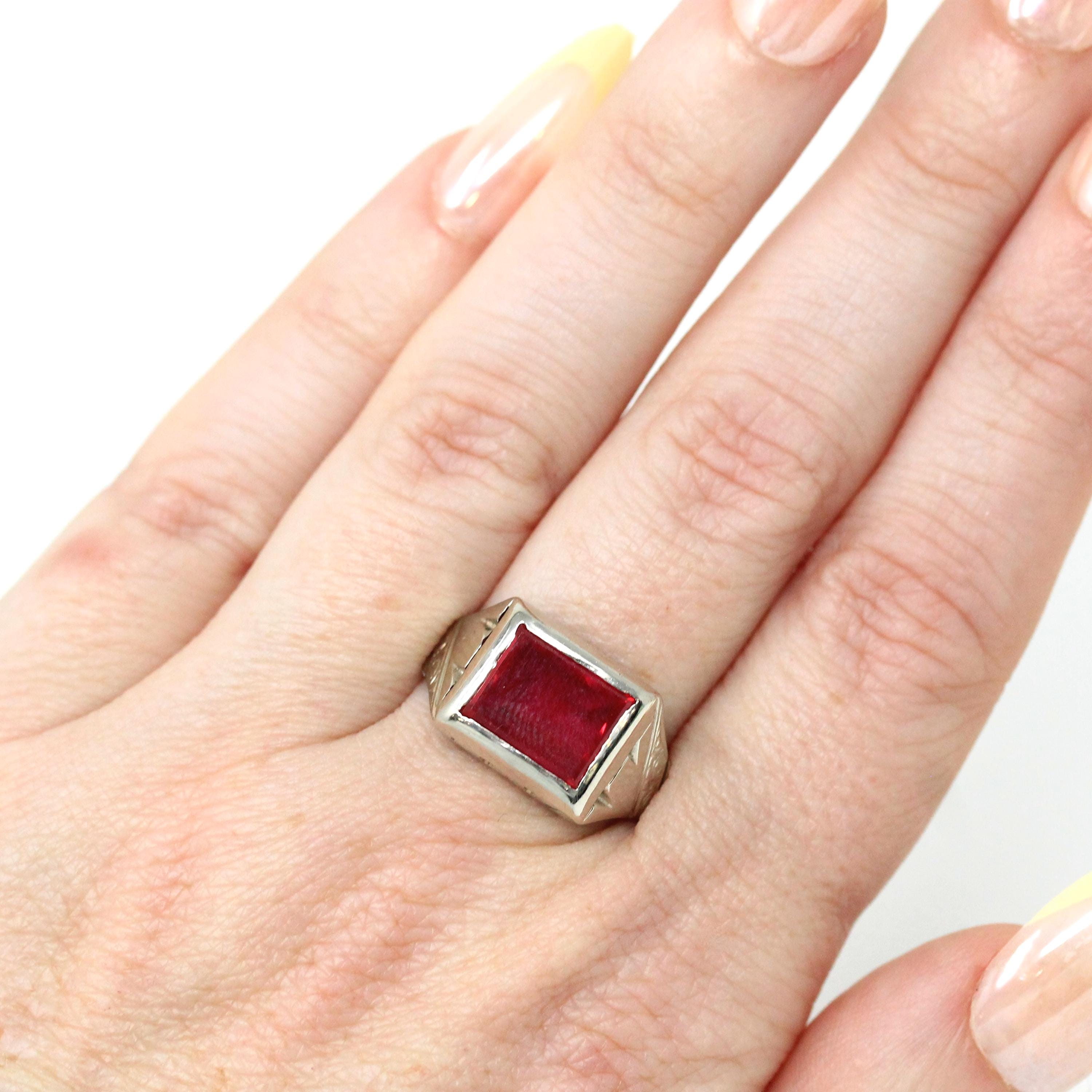 Created Ruby Ring - Art Deco 14k White Gold Red 2.83 CT Stone - Vintage Circa 1930s Era Size 9 July Birthstone Statement Fine Unisex Jewelry