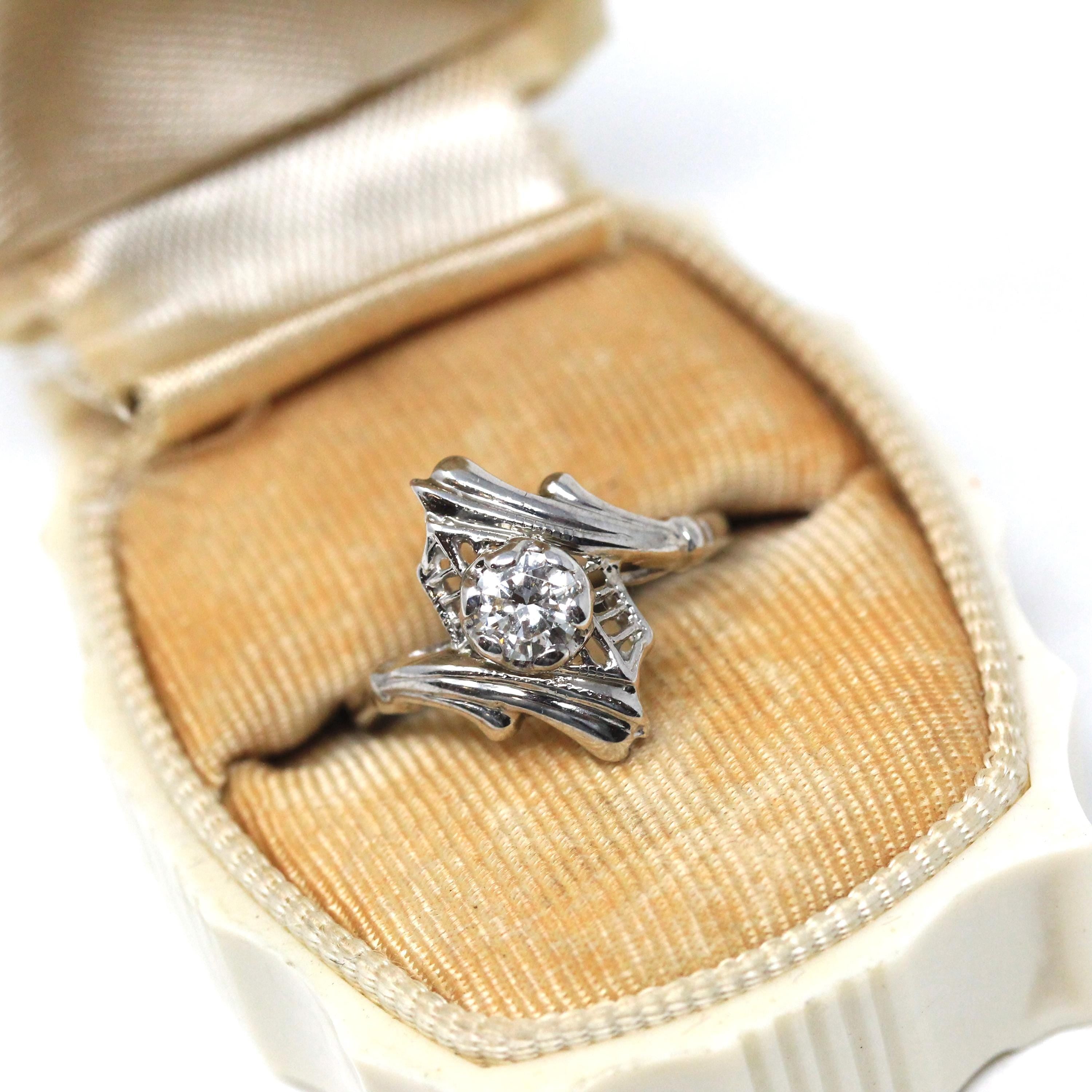 Art Deco Bypass Ring - Vintage 14k White Gold Solitaire Round 0.32 CT Diamond Gemstone - Circa 1930s Era Size 4 1/2 Fine Statement Jewelry