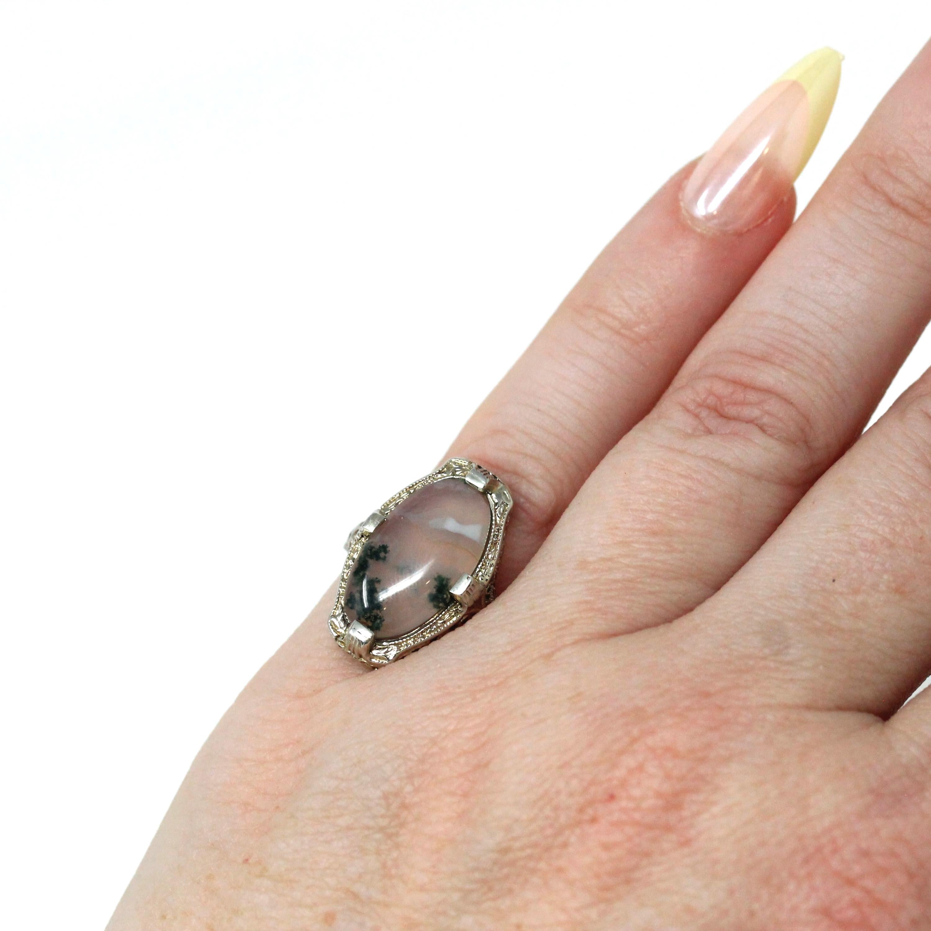 Antique Moss Agate Ring - Art Deco Era 14k White Gold Natural Gemstone - Vintage 1920s Size 3 1/2 Floral Filigree Shield Style Fine Jewelry