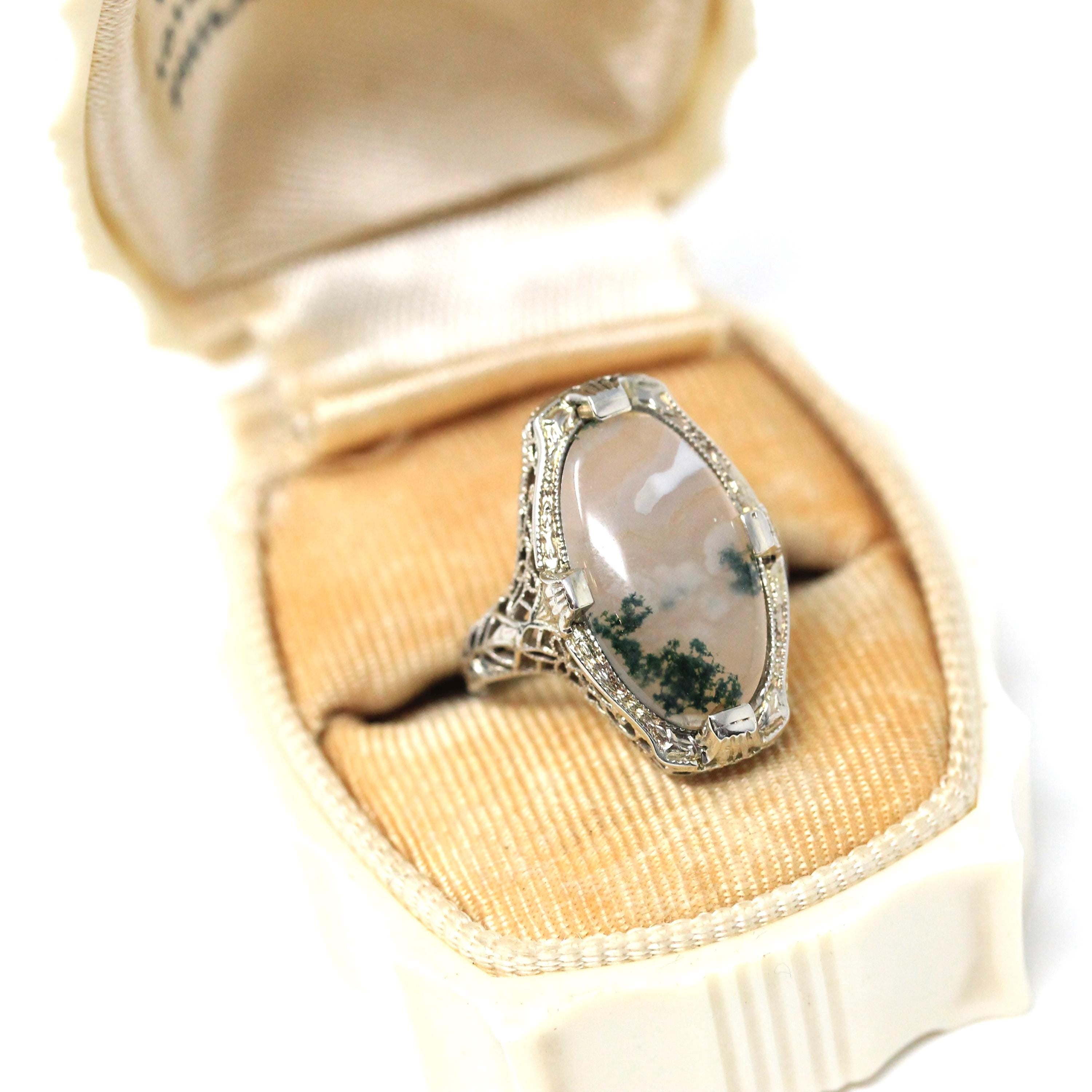 Antique Moss Agate Ring - Art Deco Era 14k White Gold Natural Gemstone - Vintage 1920s Size 3 1/2 Floral Filigree Shield Style Fine Jewelry