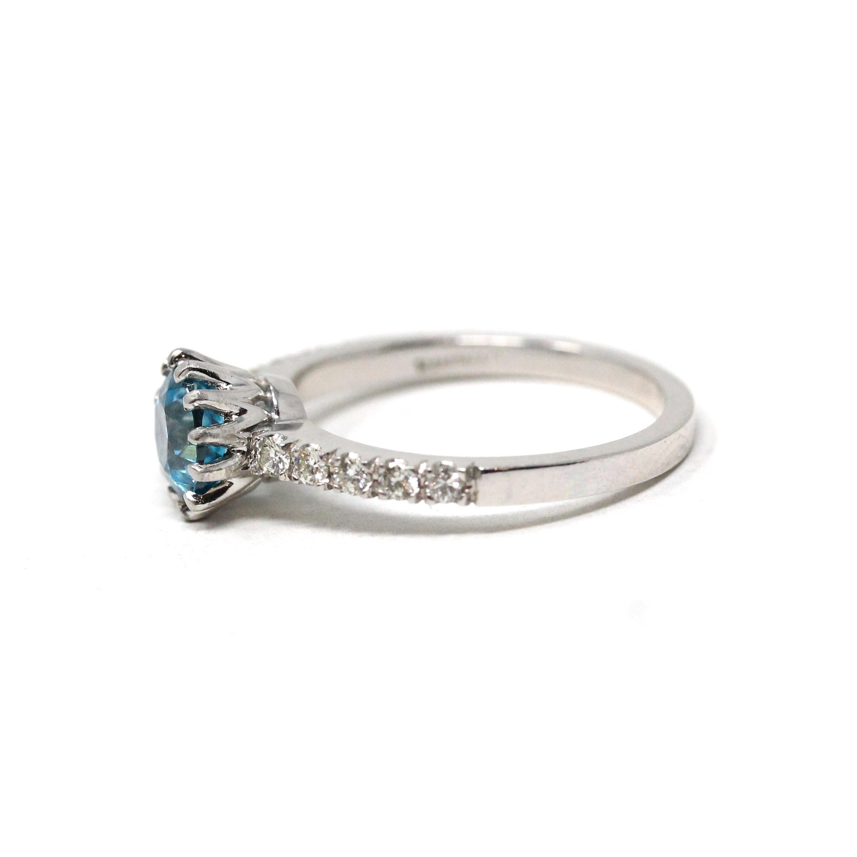 Zircon & Diamond Ring - Estate Platinum Natural Blue Gemstone Alternative Engagement - Modern Size 6 December Birthstone Fine Bridal Jewelry