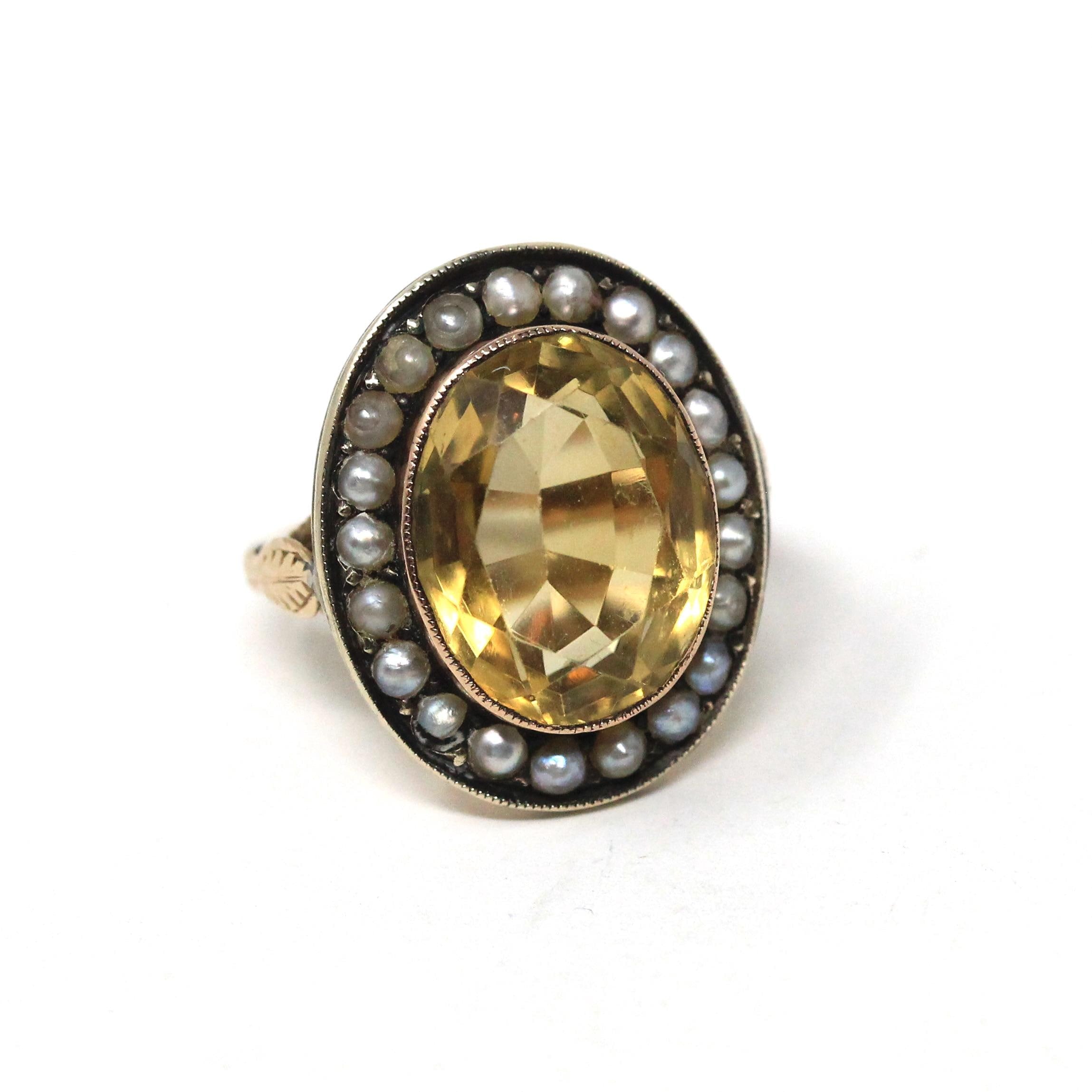 Antique Halo Ring - Edwardian 10k Yellow Gold Natural Yellow Citrine Seed Pearl Cluster Statement - Vintage 1900s Size 3 1/4 Fine Jewelry