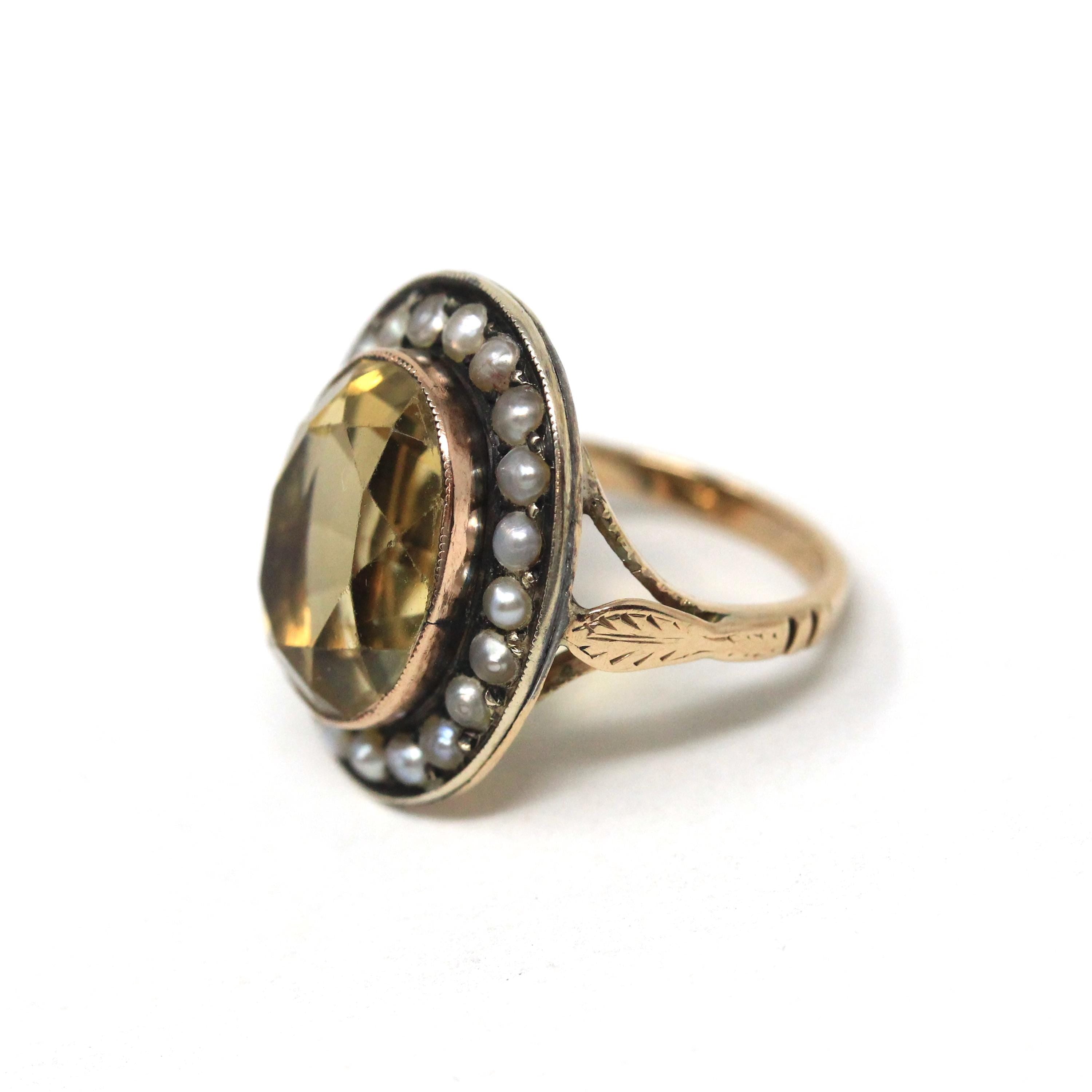 Antique Halo Ring - Edwardian 10k Yellow Gold Natural Yellow Citrine Seed Pearl Cluster Statement - Vintage 1900s Size 3 1/4 Fine Jewelry