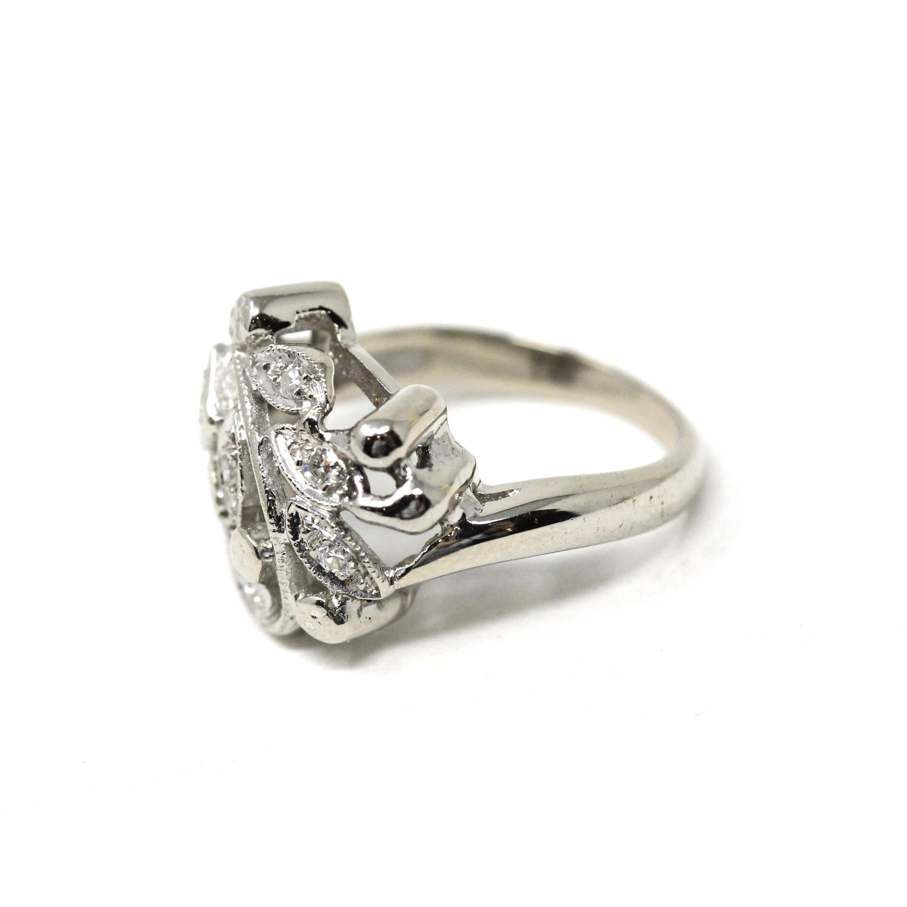 Floral Diamond Ring - Mid Century Era 14k White Gold .07 CTW Clustered Statement - Circa 1950s Size 2.75 Leaf Branch Nature Fine Jewelry