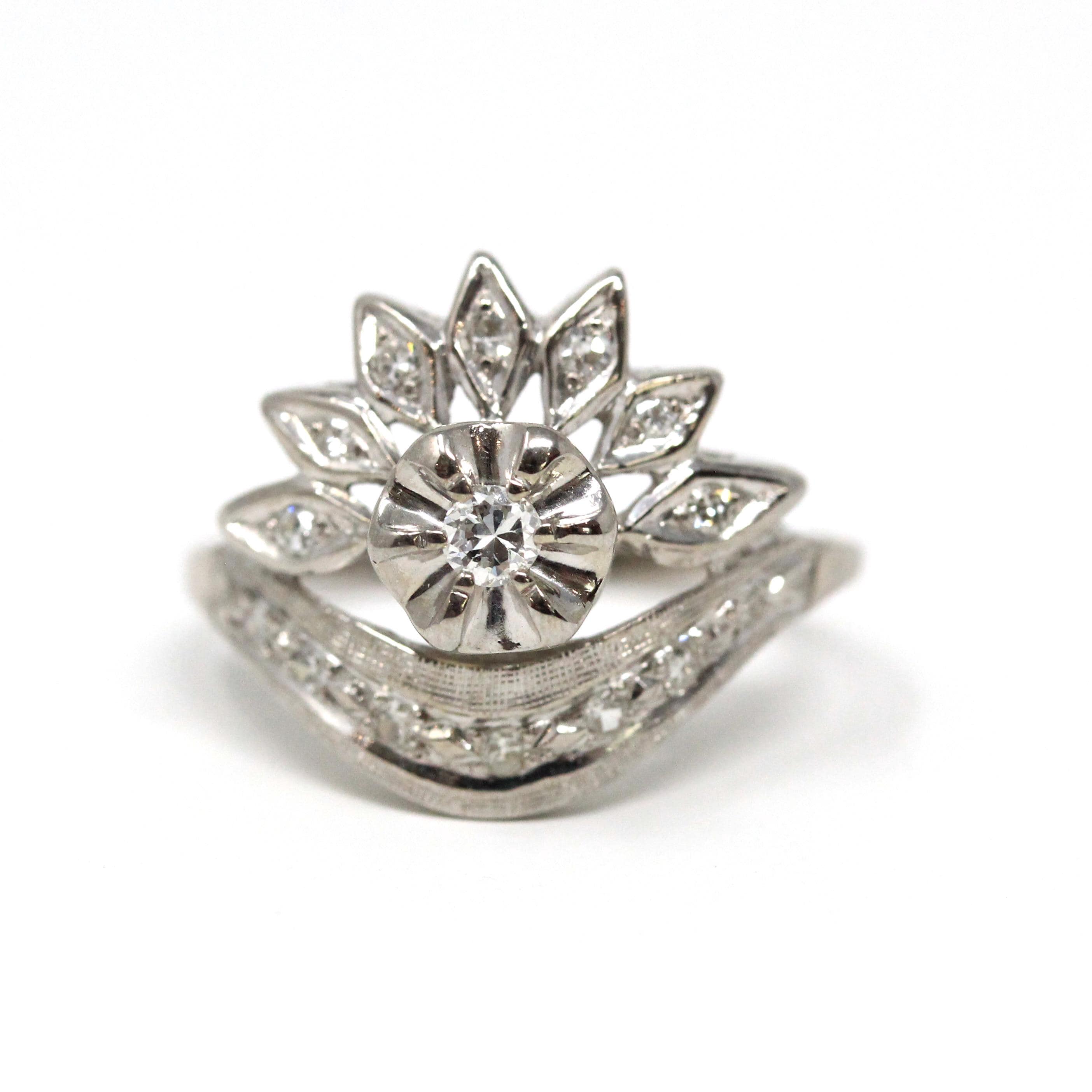 Mid Century Diamond Ring - Vintage 14k White Gold Spray Halo Gemstones - Circa 1950s Era Size 6.5 Cocktail Fan Motif Fine Statement Jewelry
