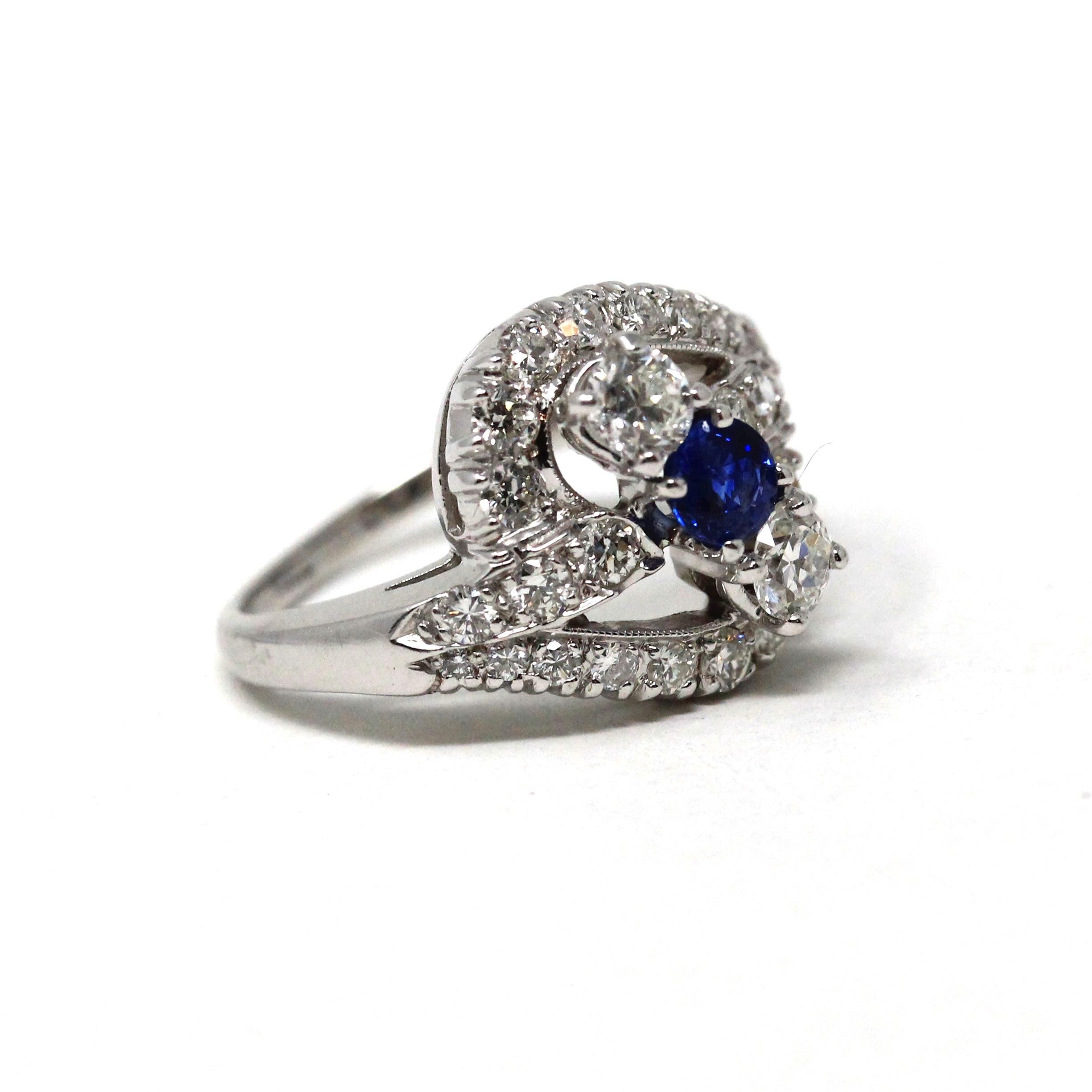 Sapphire & Diamond Ring - Mid Century 14k White Gold Blue Gemstone 1.27 CTW Diamond Cluster Bypass Halo - Circa 1950s Size 6 Fine Jewelry