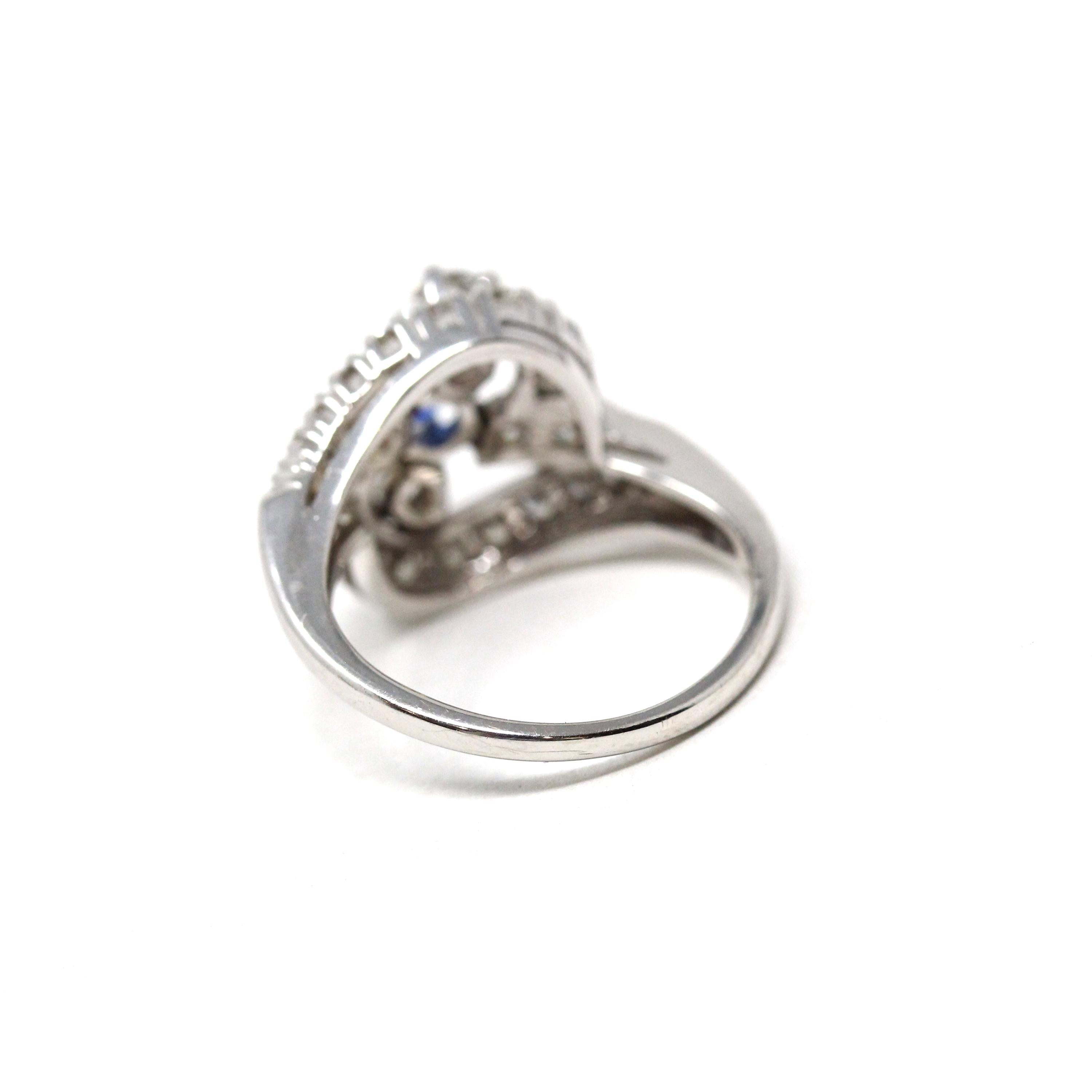 Sapphire & Diamond Ring - Mid Century 14k White Gold Blue Gemstone 1.27 CTW Diamond Cluster Bypass Halo - Circa 1950s Size 6 Fine Jewelry