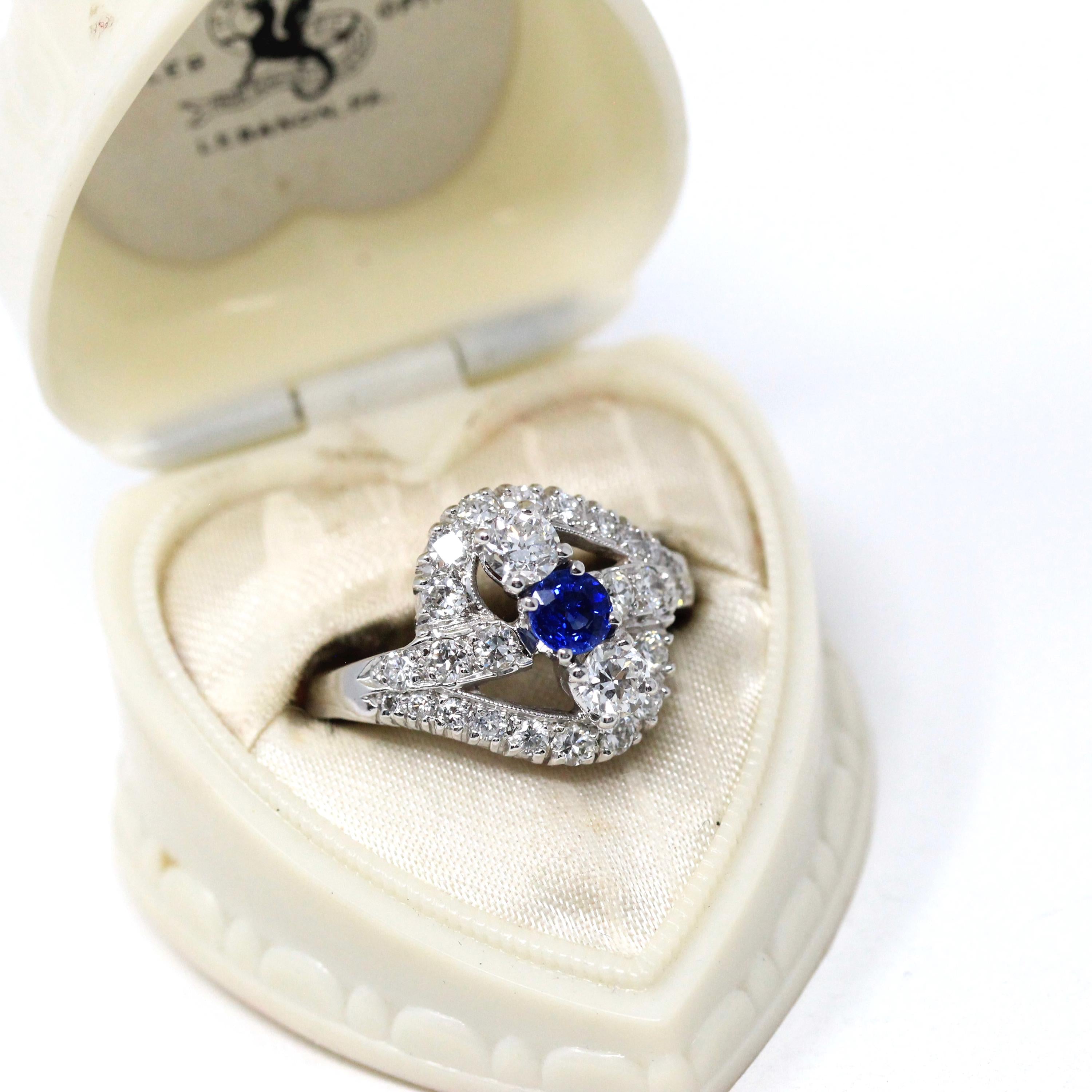 Sapphire & Diamond Ring - Mid Century 14k White Gold Blue Gemstone 1.27 CTW Diamond Cluster Bypass Halo - Circa 1950s Size 6 Fine Jewelry