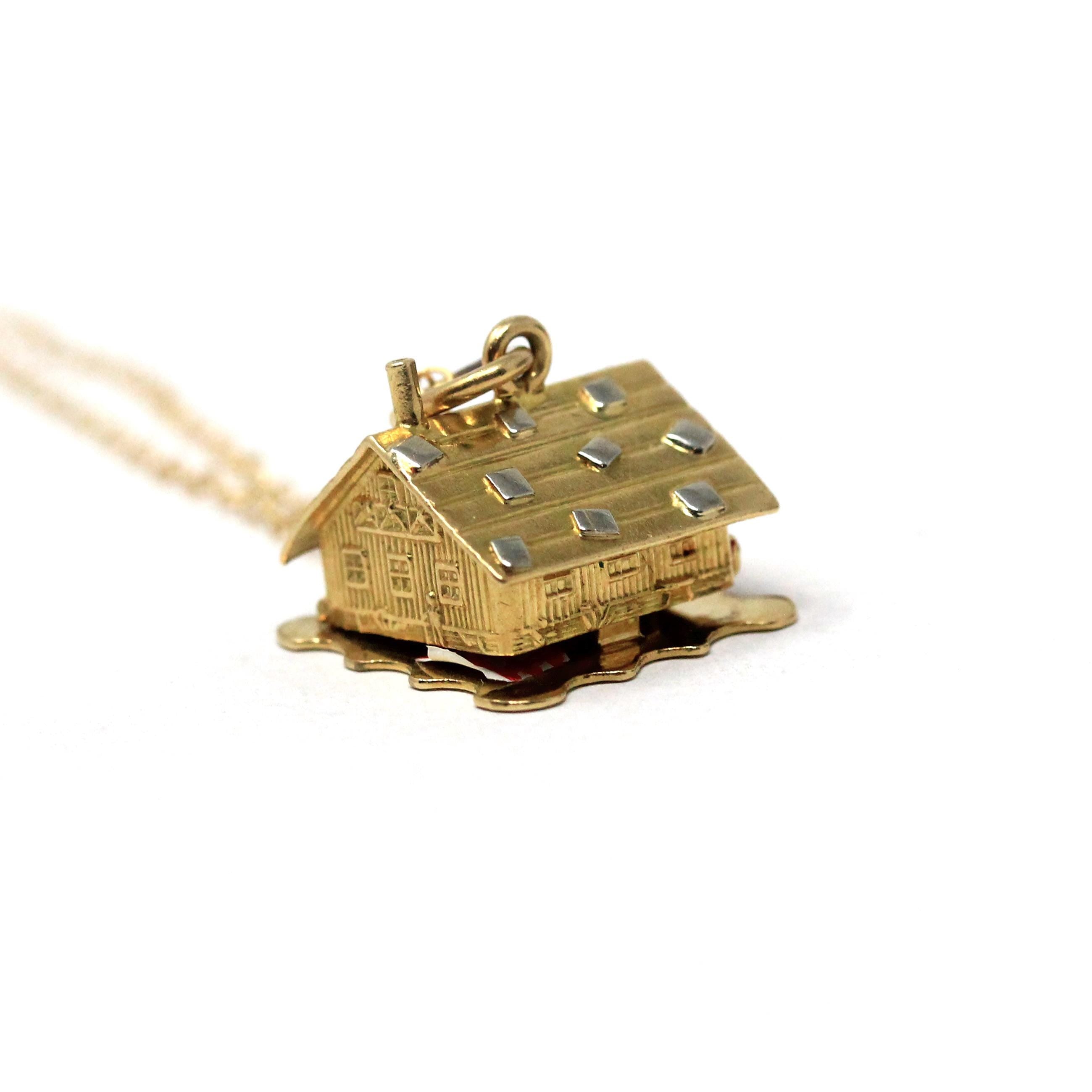 Swiss Chalet Charm - Mid Century 18k Yellow Gold Pendant Quirky Necklace - Vintage Circa 1940s Honeymooners Enamel Mountain Cabin Jewelry