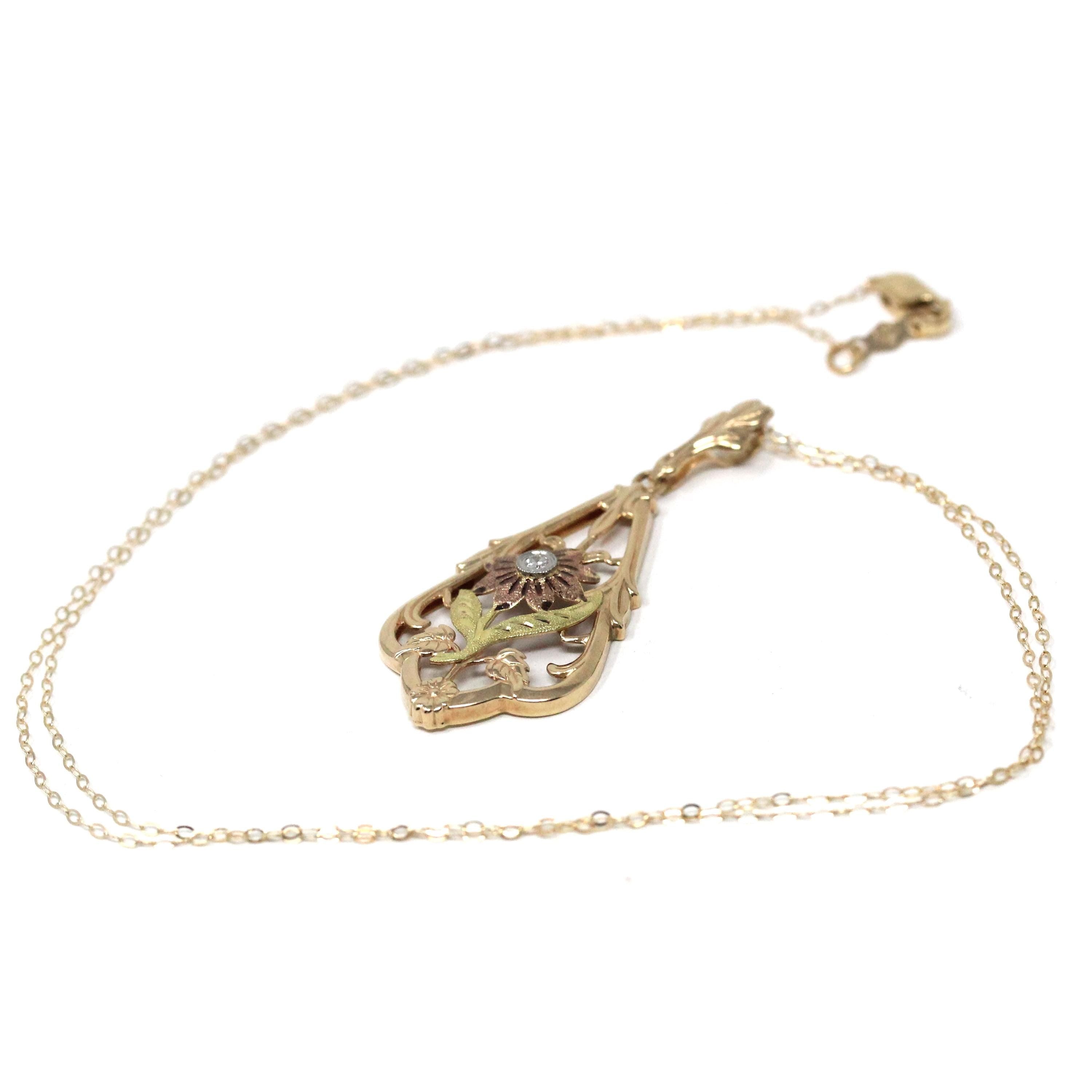 Vintage Flower Pendant - Mid Century 10k Yellow Rose Gold Two Tone Floral Natural Diamond Charm Necklace - Circa 1940s Lavalier Fine Jewelry