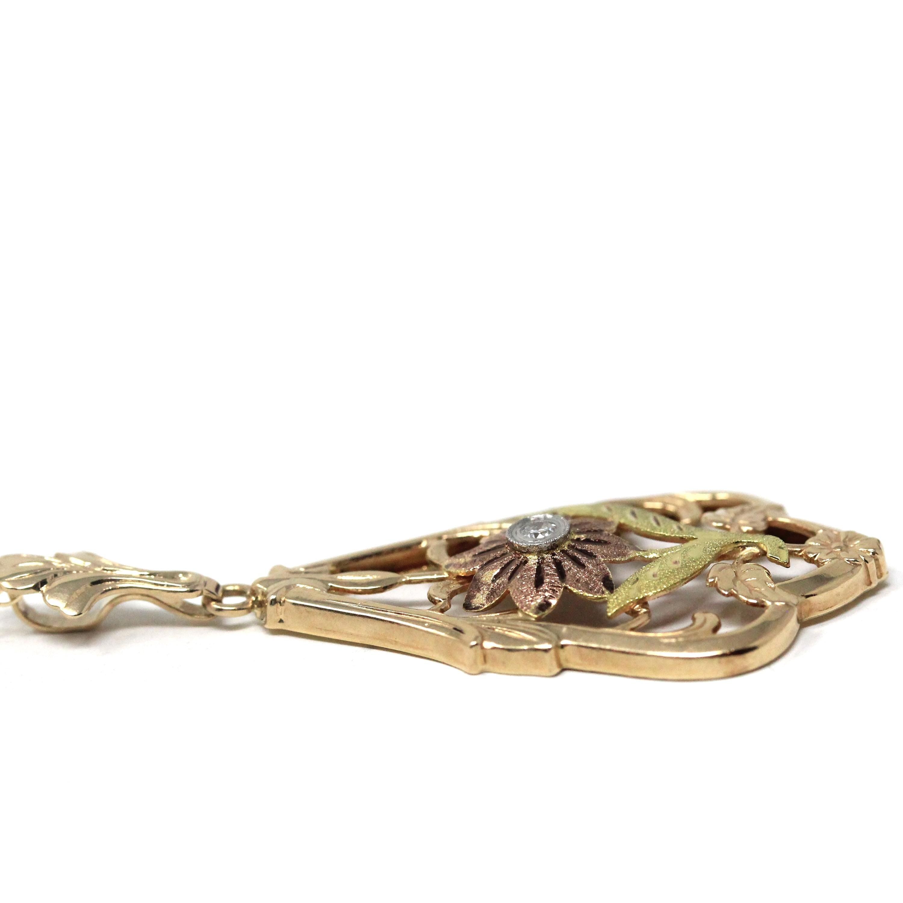 Vintage Flower Pendant - Mid Century 10k Yellow Rose Gold Two Tone Floral Natural Diamond Charm Necklace - Circa 1940s Lavalier Fine Jewelry