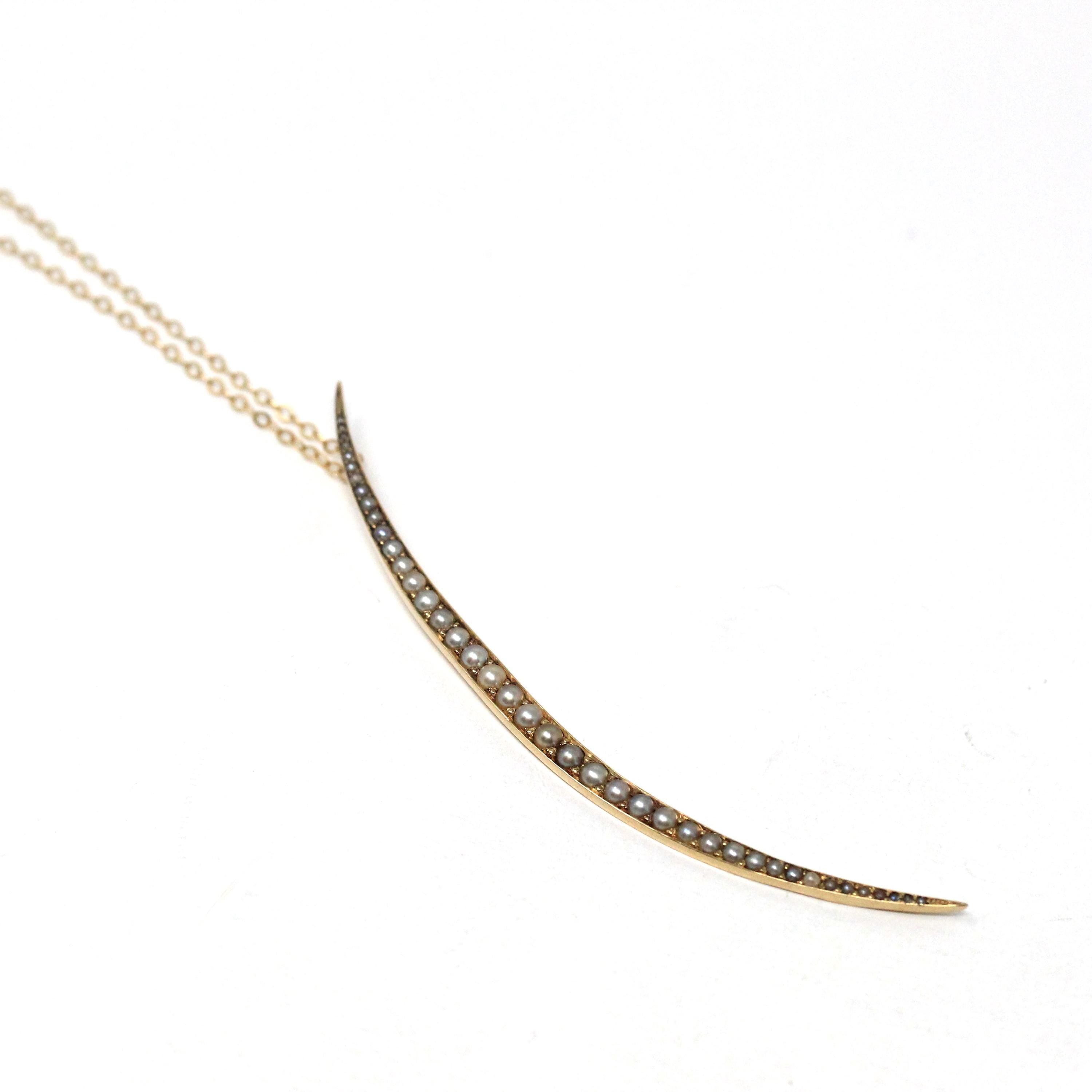 Antique Crescent Moon Pendant - Edwardian 14k Yellow Gold Seed Pearls Conversion Pendant - Circa 1910s Era Fine Dainty Celestial Jewelry