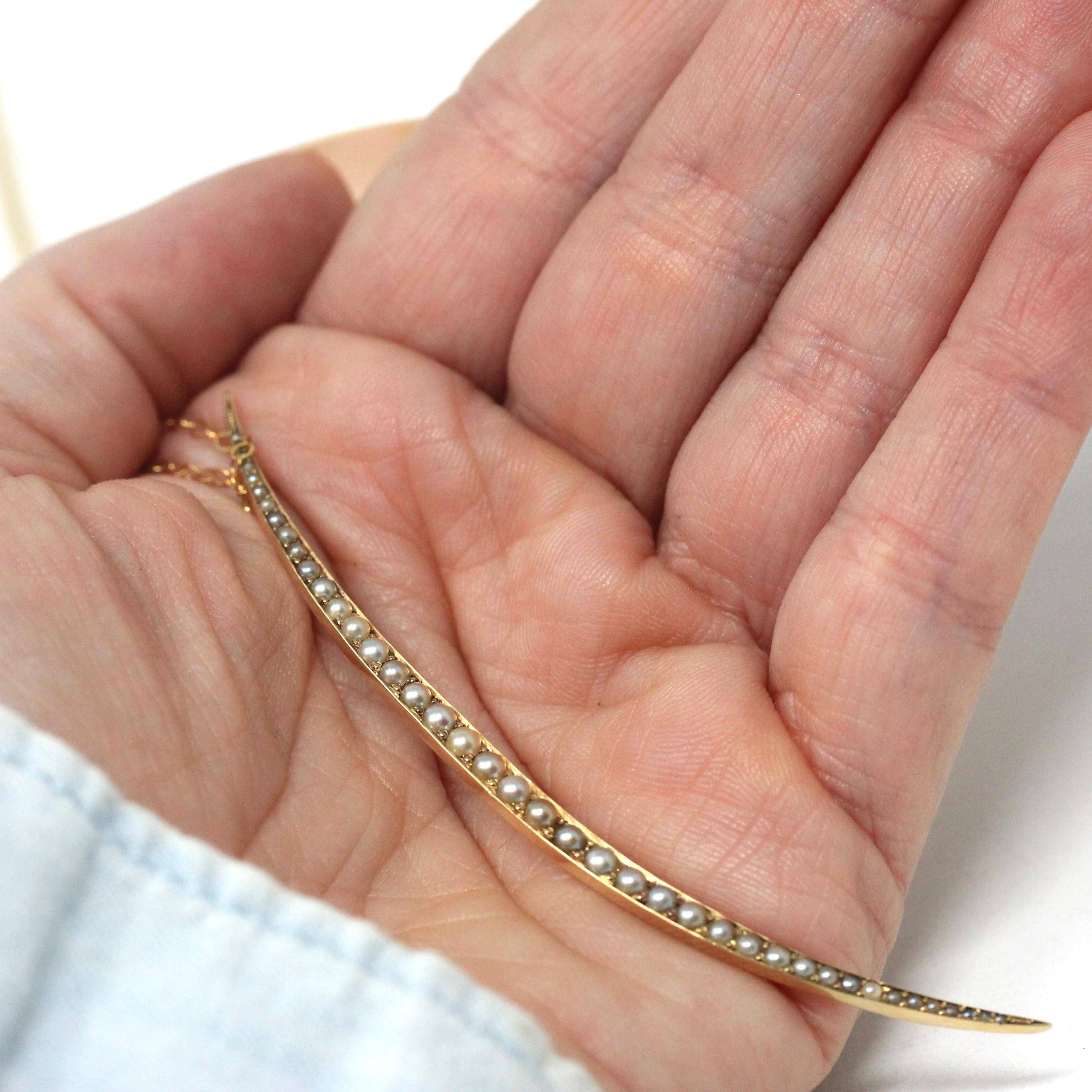 Antique Crescent Moon Pendant - Edwardian 14k Yellow Gold Seed Pearls Conversion Pendant - Circa 1910s Era Fine Dainty Celestial Jewelry