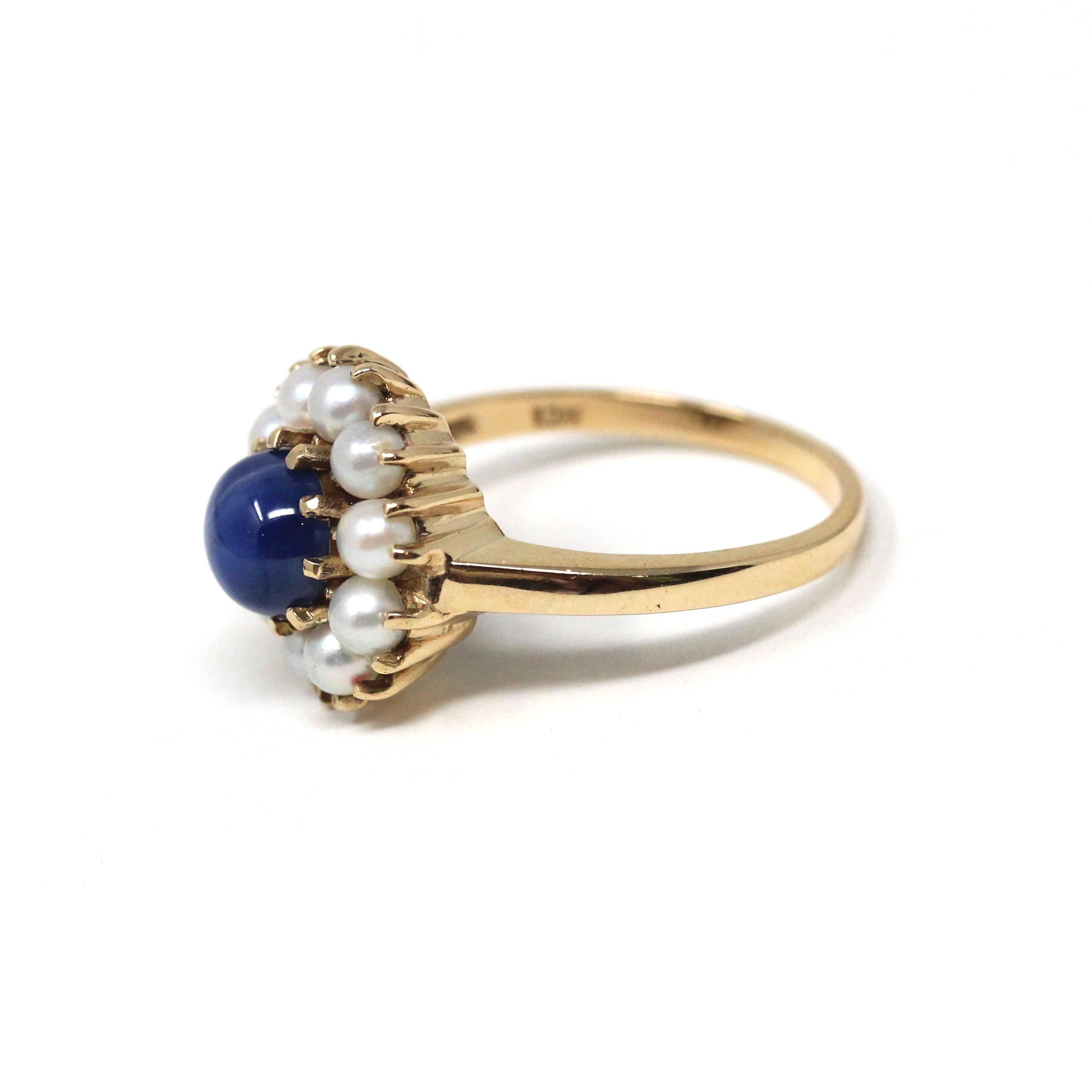 Retro Halo Ring - Vintage 10k Yellow Gold Created Blue Star Sapphire Pearl Flower Cluster - Circa 1960s Era Size 8 1/2 Daisy Fine Jewelry