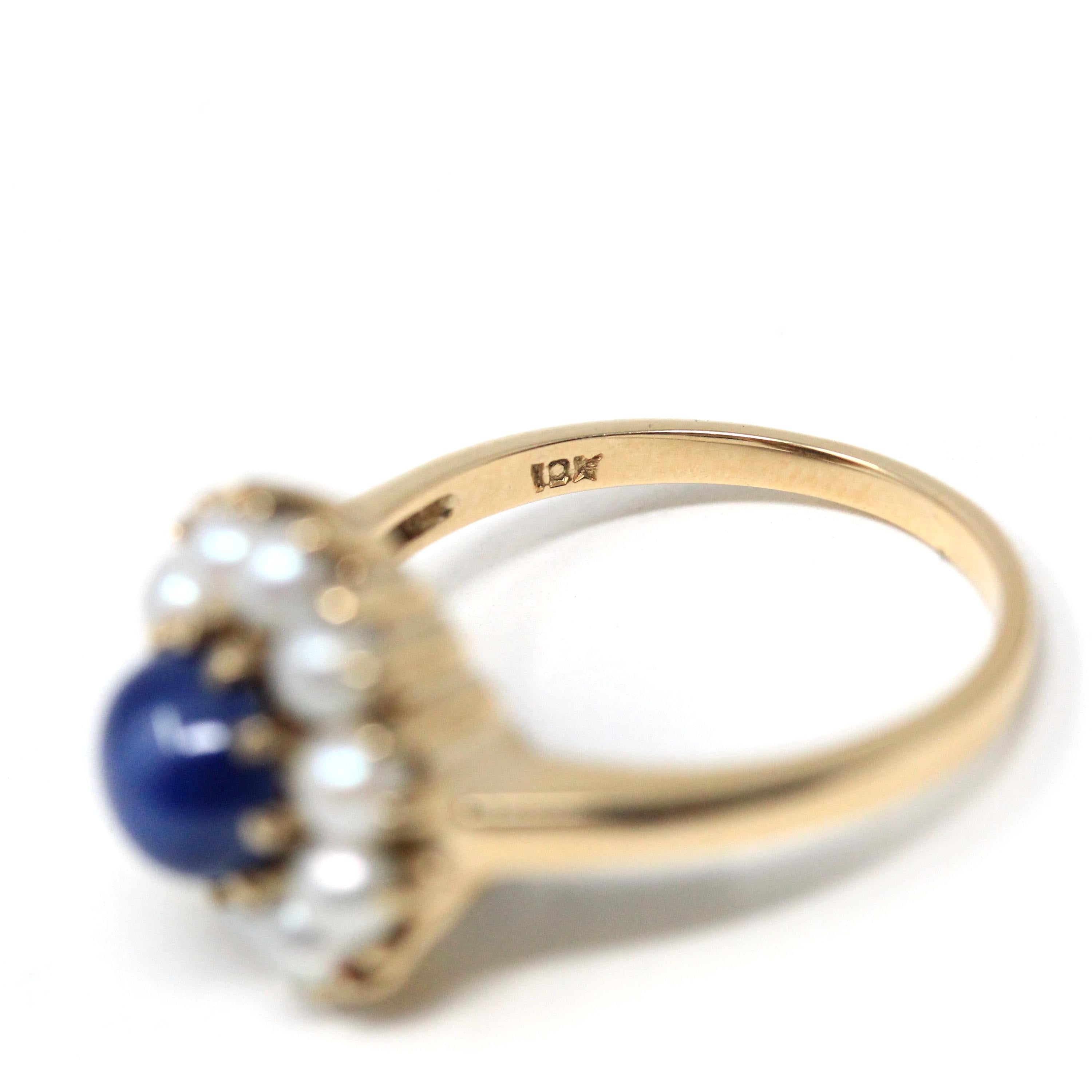 Retro Halo Ring - Vintage 10k Yellow Gold Created Blue Star Sapphire Pearl Flower Cluster - Circa 1960s Era Size 8 1/2 Daisy Fine Jewelry