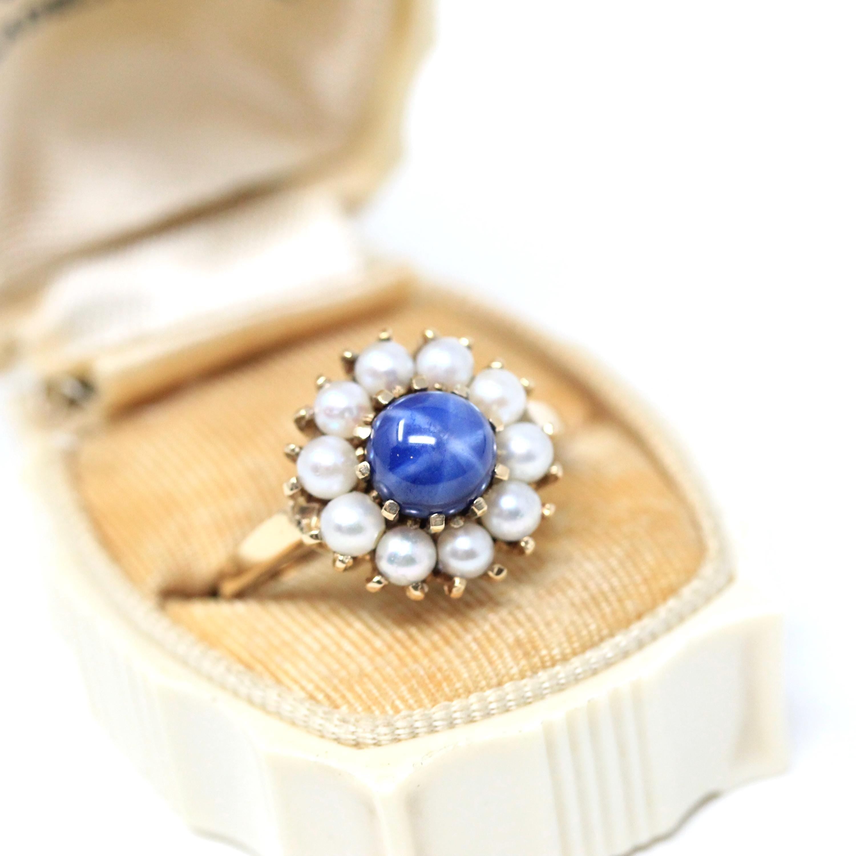 Retro Halo Ring - Vintage 10k Yellow Gold Created Blue Star Sapphire Pearl Flower Cluster - Circa 1960s Era Size 8 1/2 Daisy Fine Jewelry