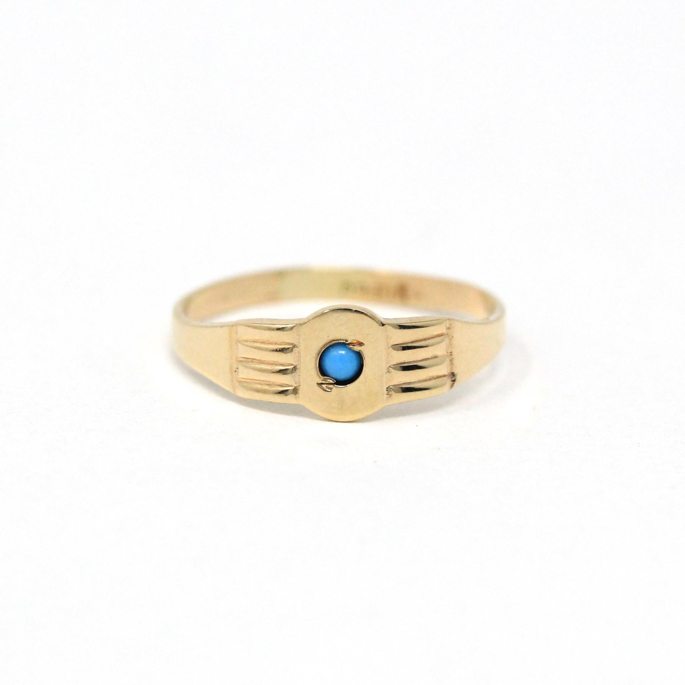 Antique Baby Ring - Art Deco 10k Yellow Gold Simulated Turquoise Blue Glass Midi Pinky Ring - Circa 1920s Size 1 3/4 Ostby & Barton Jewelry