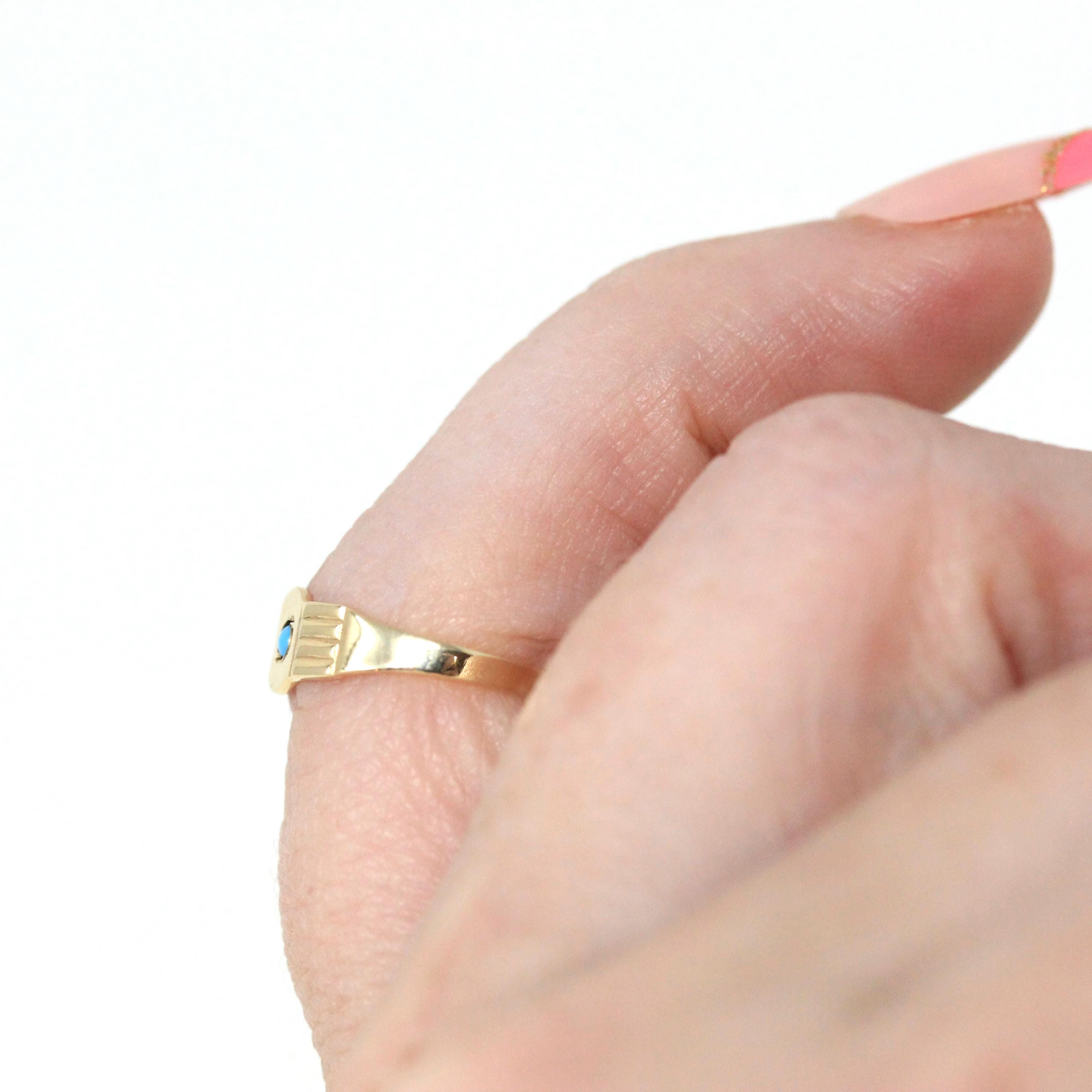 Antique Baby Ring - Art Deco 10k Yellow Gold Simulated Turquoise Blue Glass Midi Pinky Ring - Circa 1920s Size 1 3/4 Ostby & Barton Jewelry