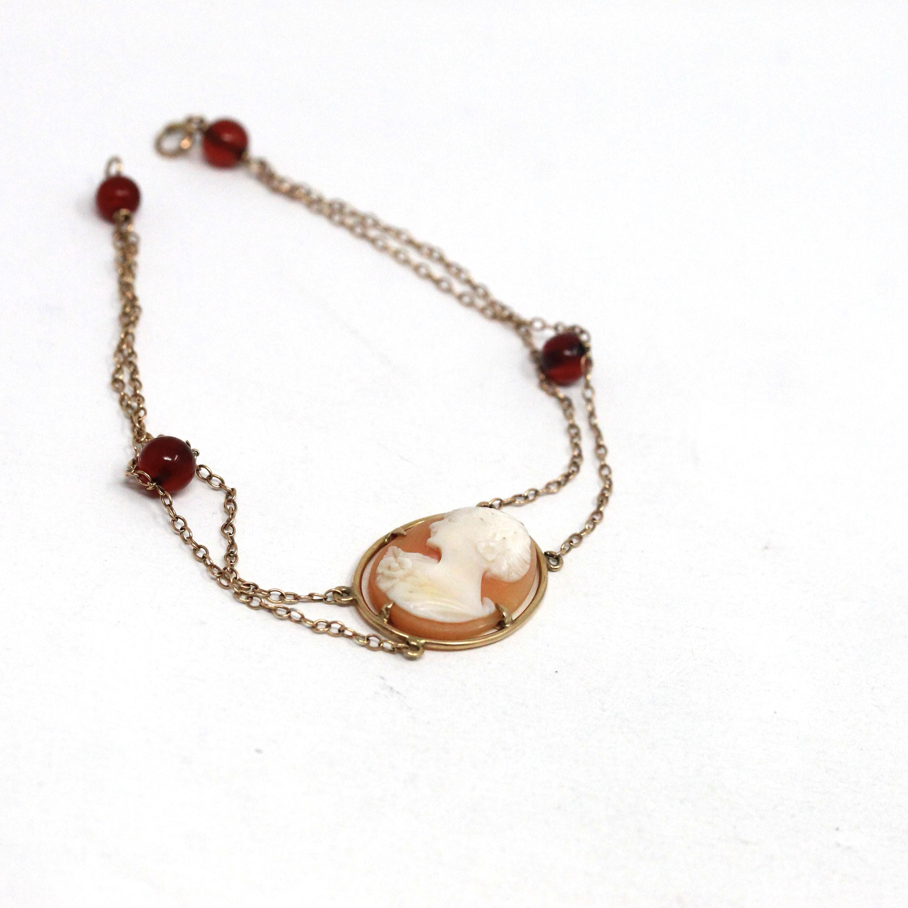 Vintage Cameo Bracelet - Mid Century 10k Yellow Gold Carved Shell Portrait & Red Carnelian Accents - Circa 1940s Era Fine Statement Jewelry