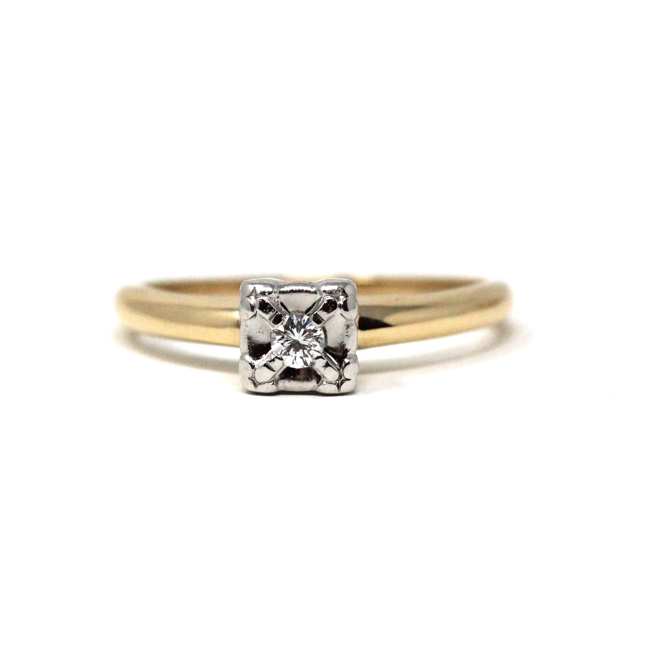 Vintage Diamond Ring - Mid Century 14k Yellow White Gold Natural Gem Solitaire Engagement - Circa 1940s Size 5 Illusion Head Fine Jewelry