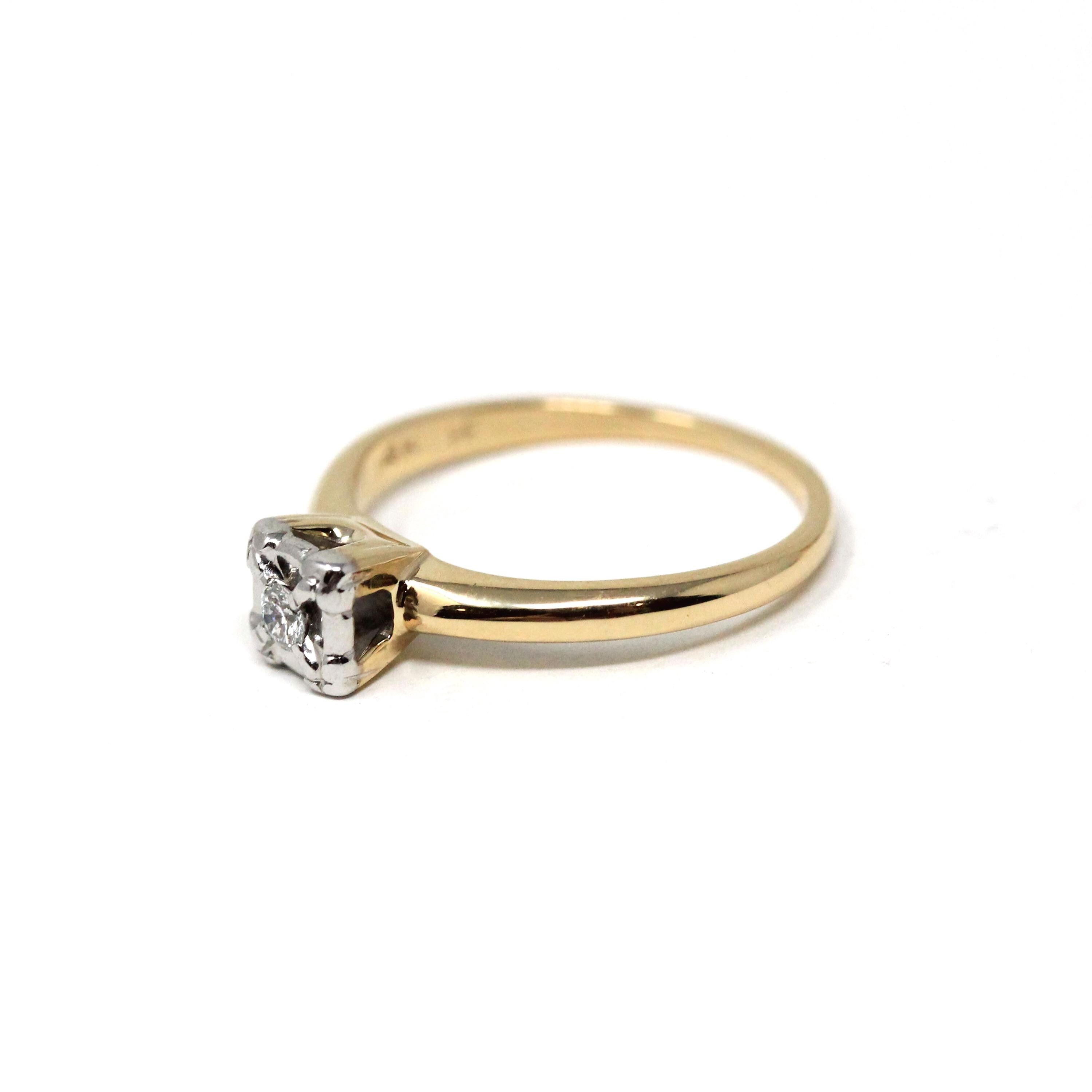 Vintage Diamond Ring - Mid Century 14k Yellow White Gold Natural Gem Solitaire Engagement - Circa 1940s Size 5 Illusion Head Fine Jewelry