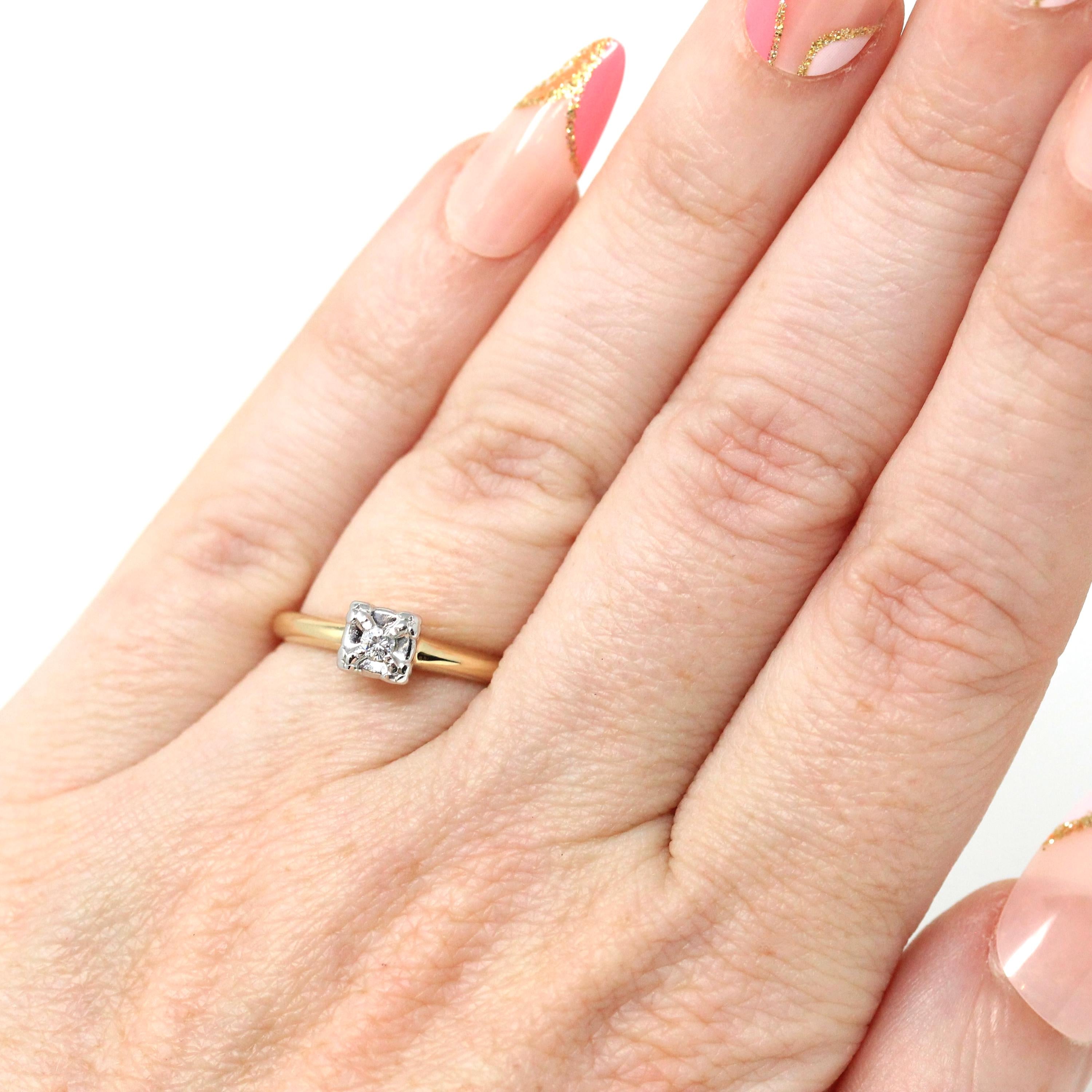 Vintage Diamond Ring - Mid Century 14k Yellow White Gold Natural Gem Solitaire Engagement - Circa 1940s Size 5 Illusion Head Fine Jewelry