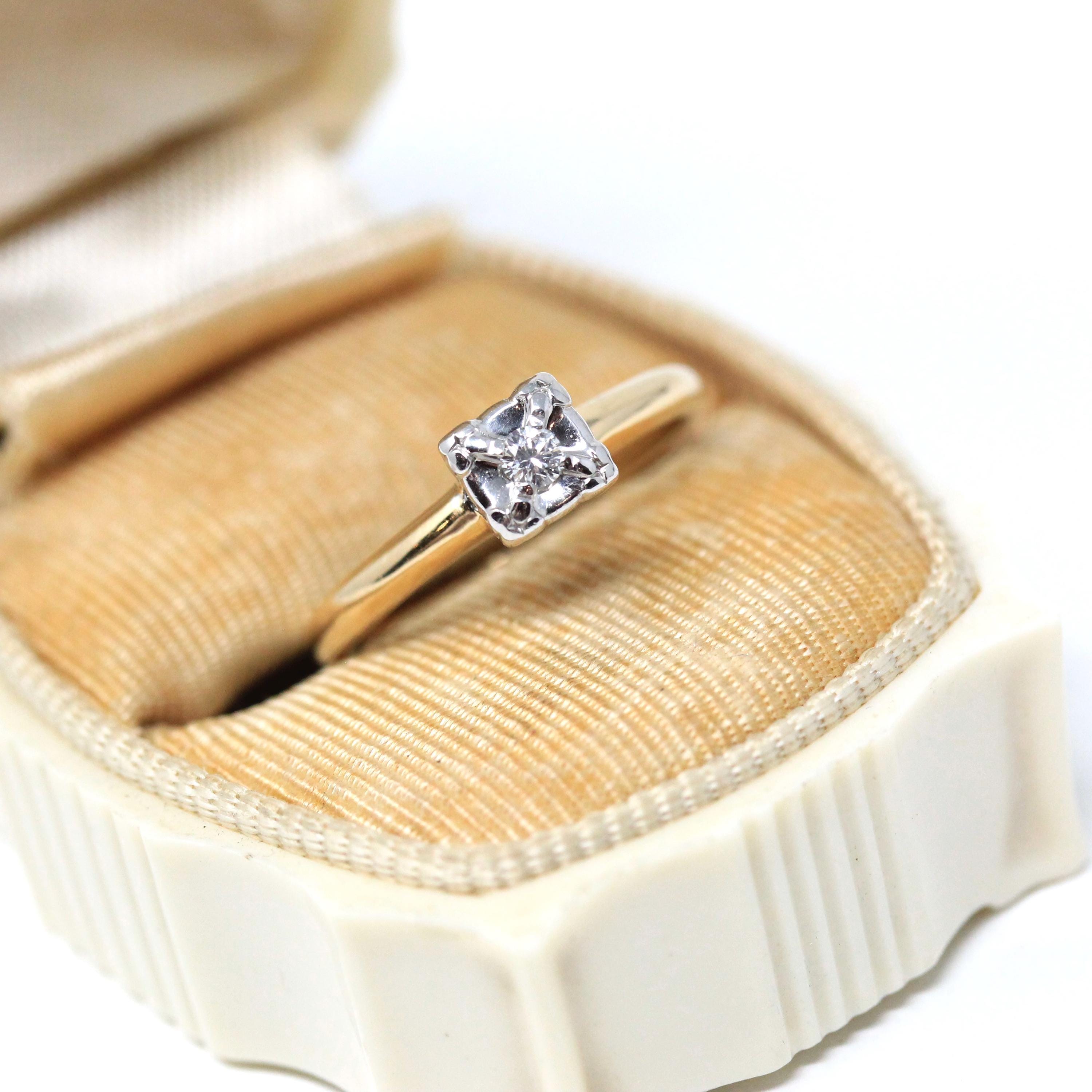 Vintage Diamond Ring - Mid Century 14k Yellow White Gold Natural Gem Solitaire Engagement - Circa 1940s Size 5 Illusion Head Fine Jewelry