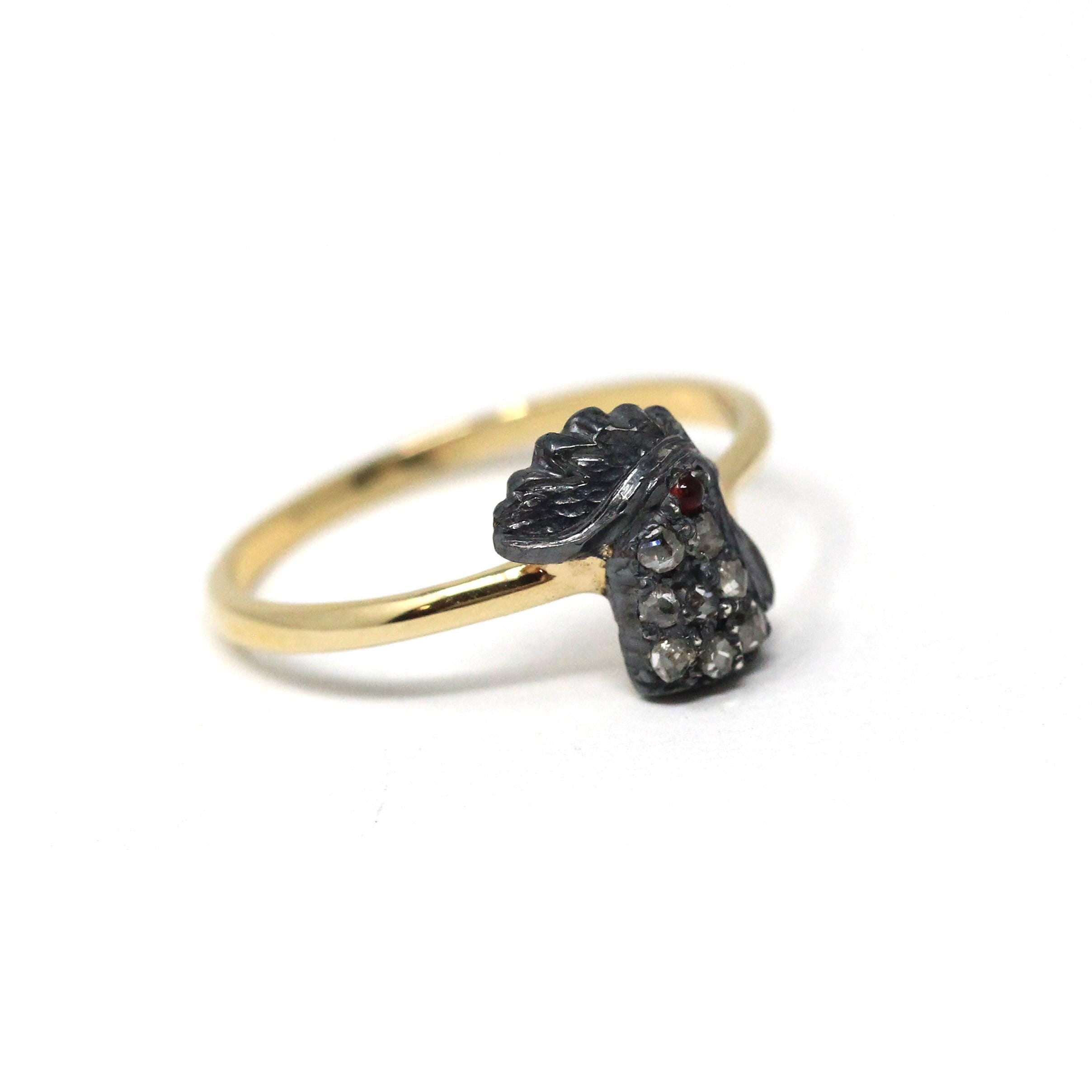 Antique Rooster Ring - Edwardian 18k Yellow Gold Stick Pin Conversion .05 CTW - Vintage Circa 1910s Era Size 6 Fowl Head Animal Fine Jewelry
