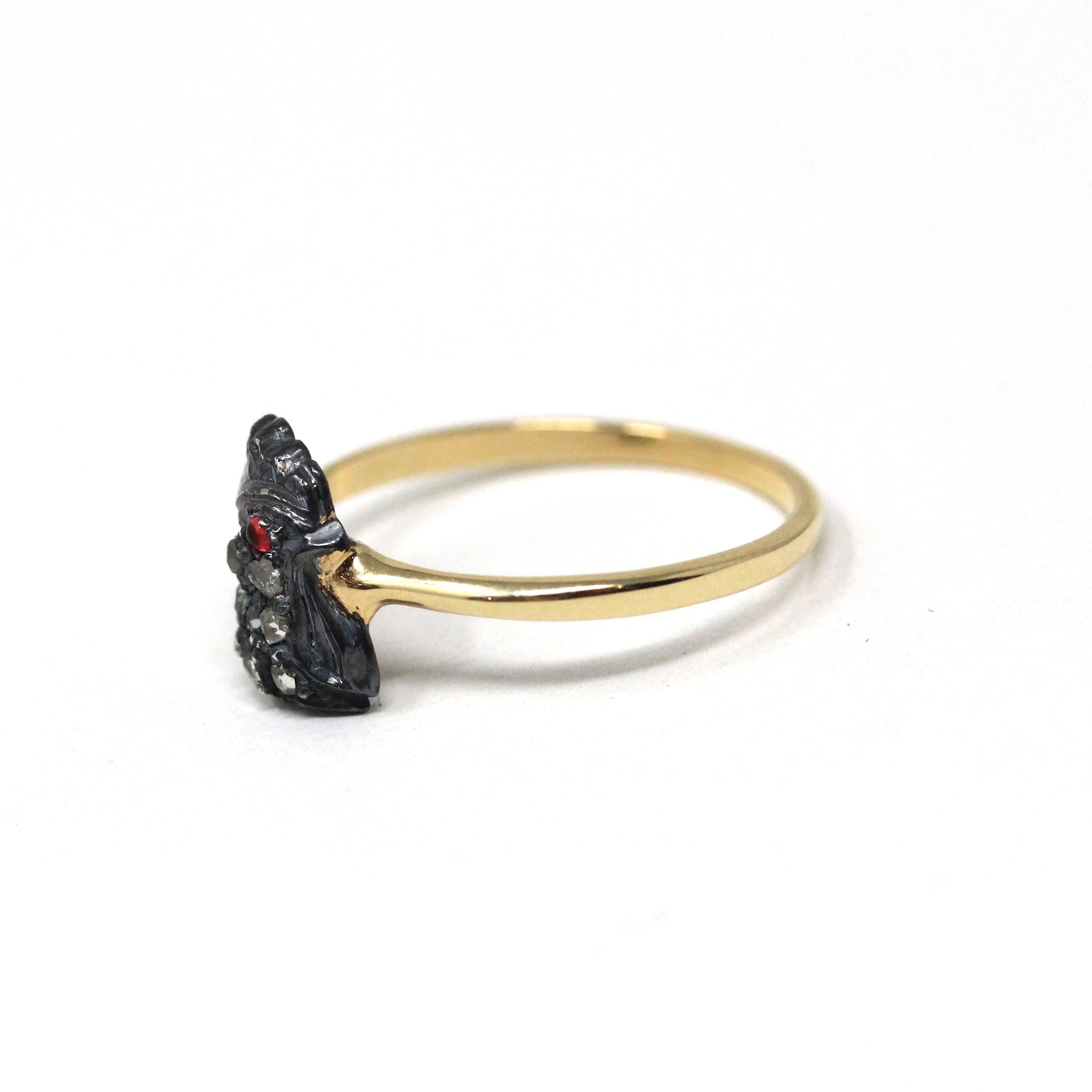 Antique Rooster Ring - Edwardian 18k Yellow Gold Stick Pin Conversion .05 CTW - Vintage Circa 1910s Era Size 6 Fowl Head Animal Fine Jewelry