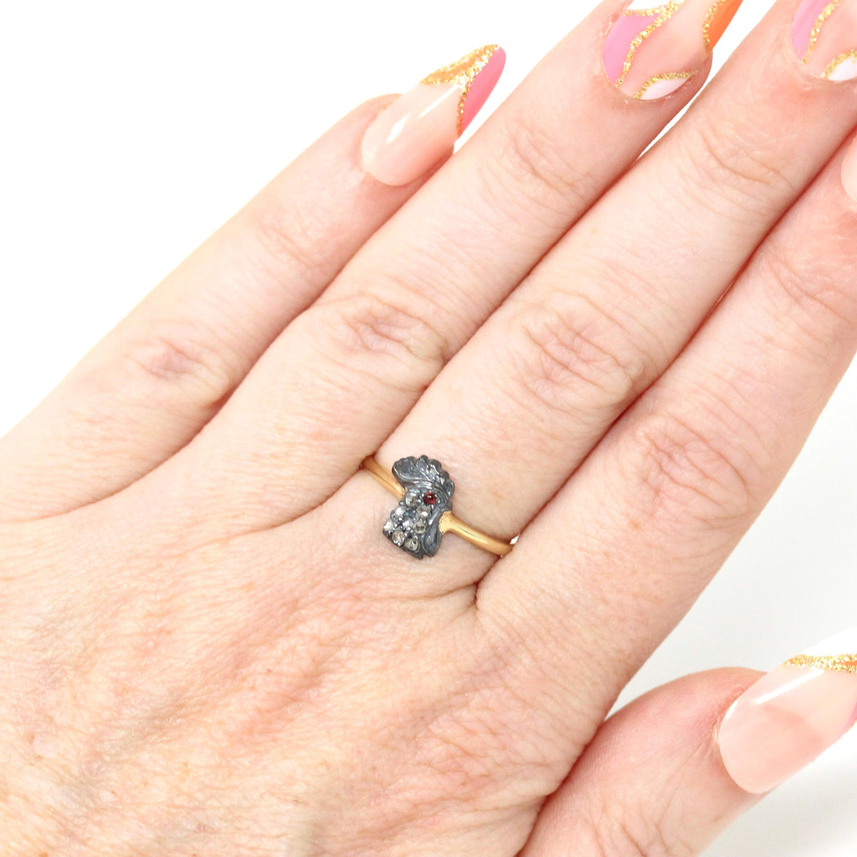 Antique Rooster Ring - Edwardian 18k Yellow Gold Stick Pin Conversion .05 CTW - Vintage Circa 1910s Era Size 6 Fowl Head Animal Fine Jewelry