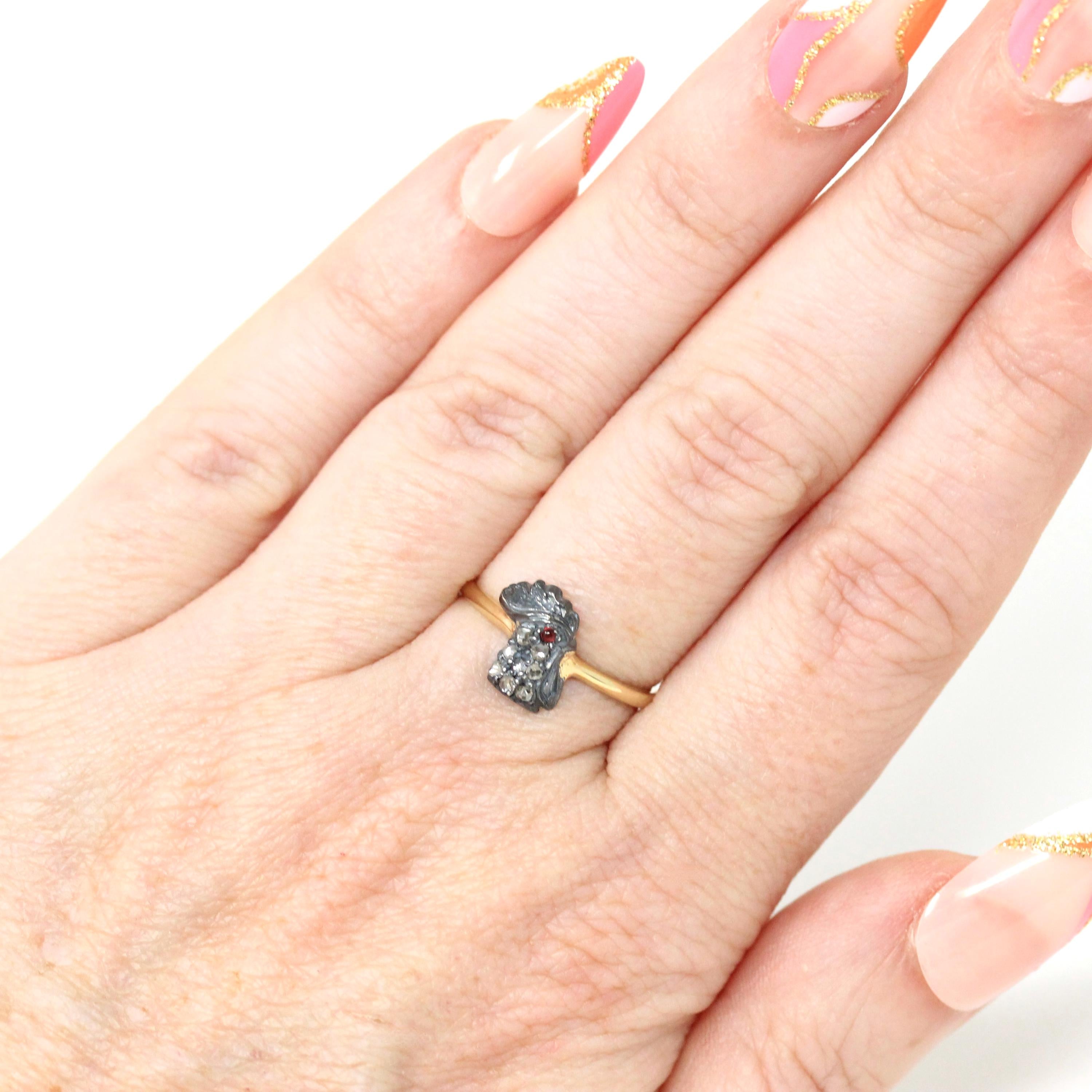 Antique Rooster Ring - Edwardian 18k Yellow Gold Stick Pin Conversion .05 CTW - Vintage Circa 1910s Era Size 6 Fowl Head Animal Fine Jewelry