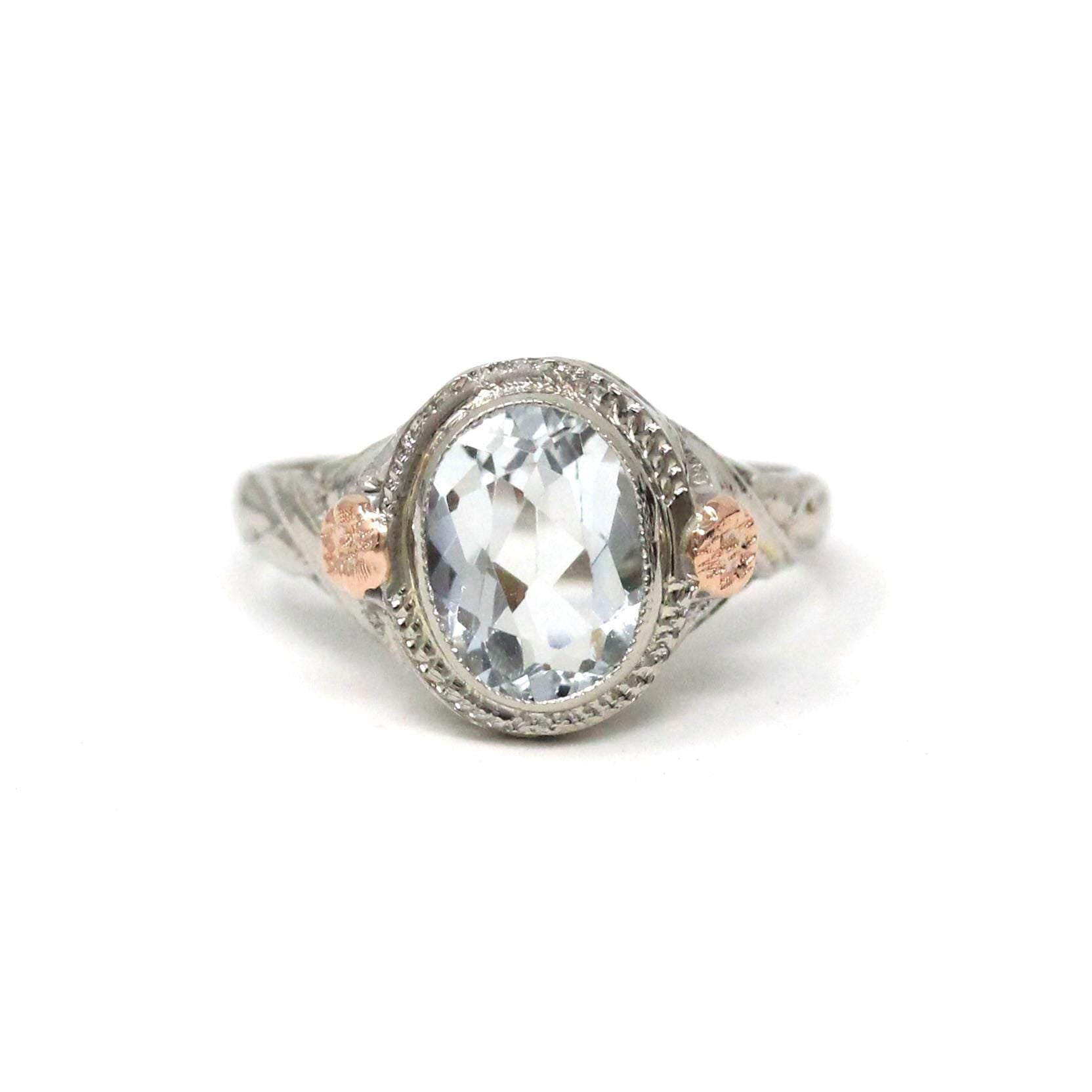 Vintage Aquamarine Ring - Art Deco 14k White & Rose Gold Oval Blue Beryl Gem Bezel Solitaire - Circa 1930s Size 3.25 Flower Fine Jewelry